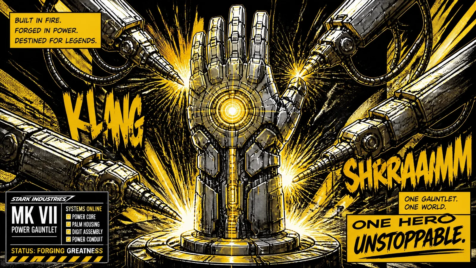 Modern robotic arms forging a high-tech gauntlet representing custom digital brand superpowers.