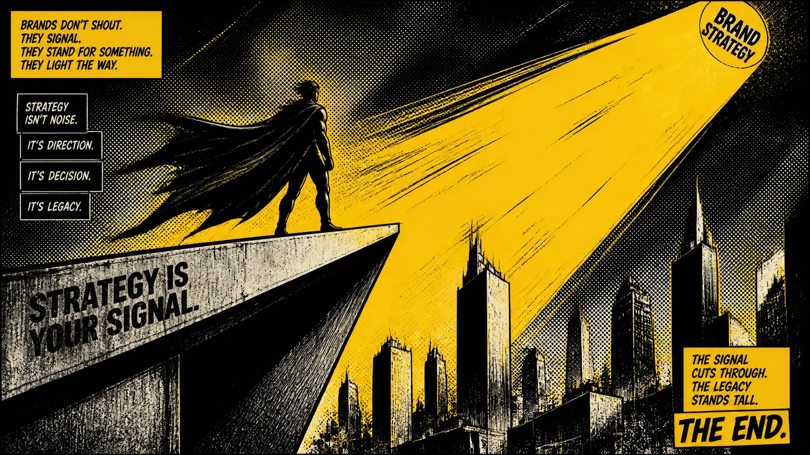 Heroic silhouette overlooking a city skyline guided by a yellow searchlight beam of brand strategy.