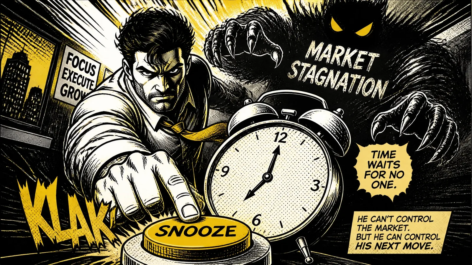 Business owner hitting snooze on an alarm while market stagnation looms in the background.