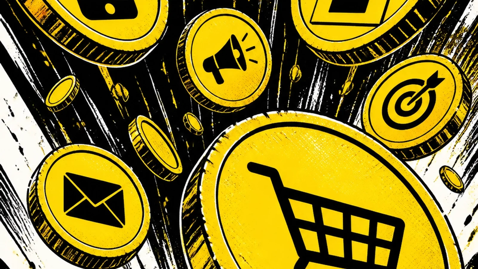 Close-up of golden coins raining down, each marked with icons for leads, sales, and growth, in a gritty comic book style.