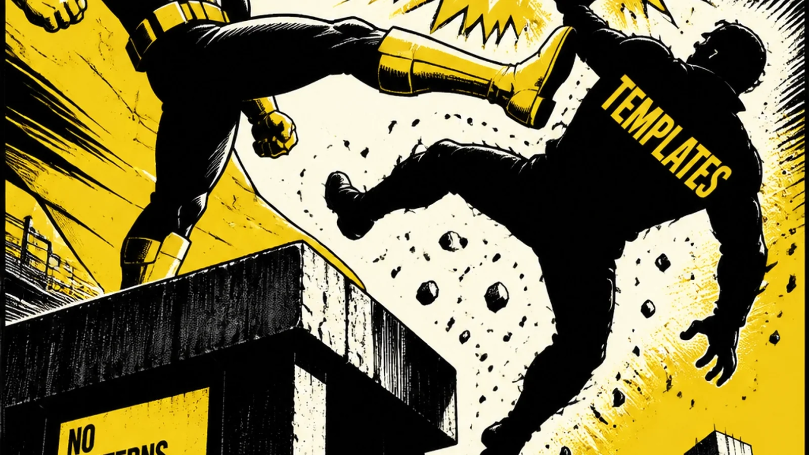 A hero kicking a villain labeled TEMPLATES into an abyss, showing the victory of custom design over generic options.