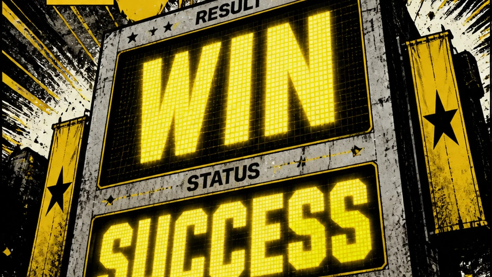 A scoreboard in a brutalist comic style glowing with the word SUCCESS and high numbers.