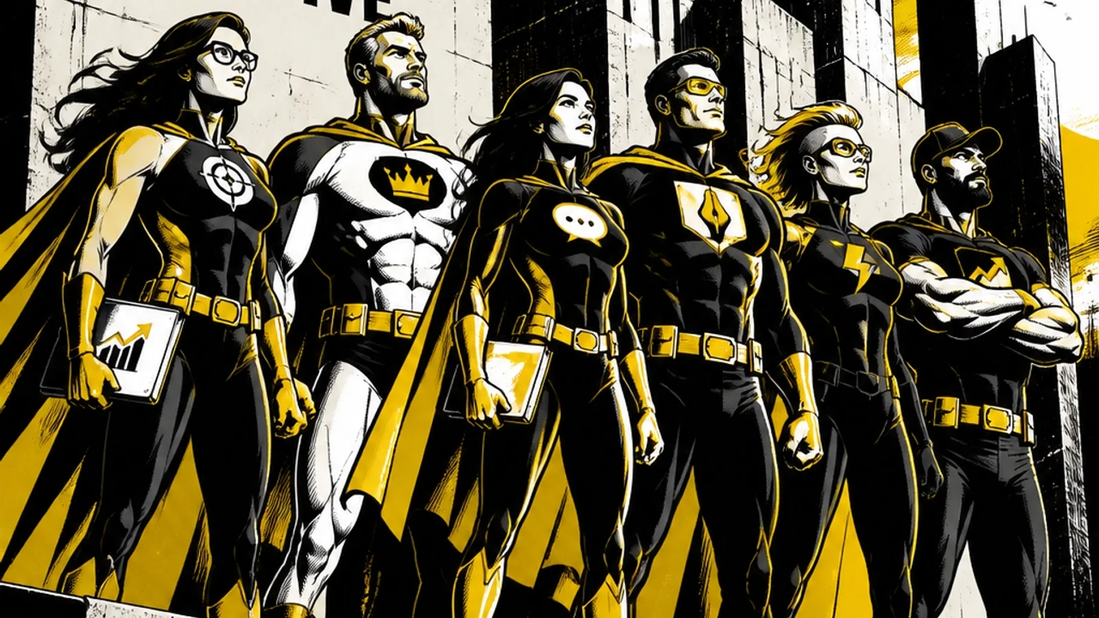 The 141 Creative League of heroes standing together in a powerful pose, looking out at a thriving city they helped build.
