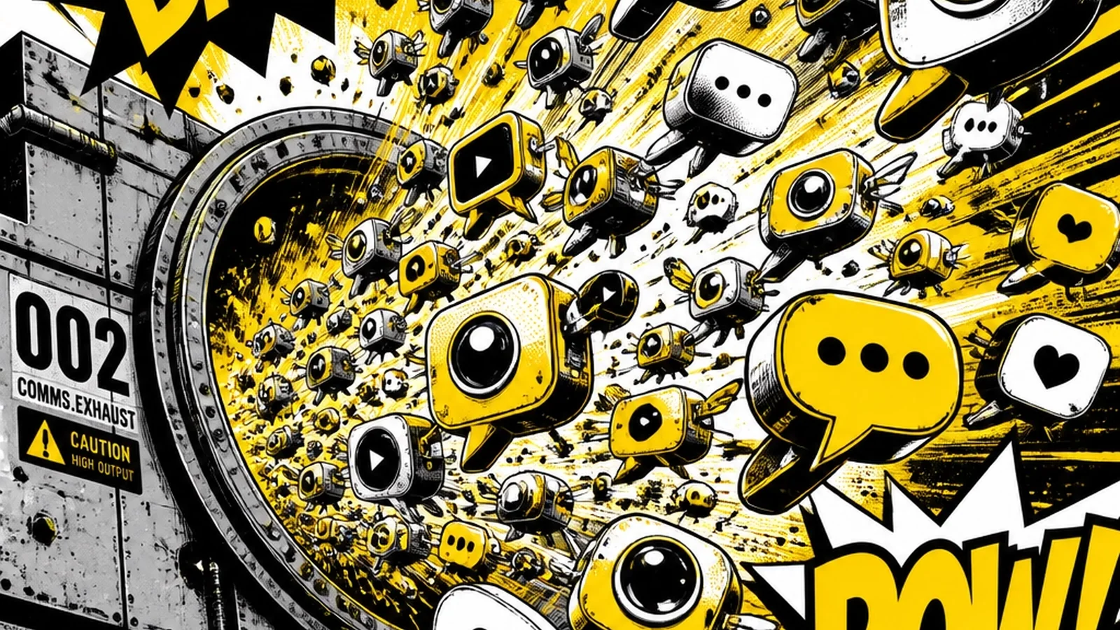 Brutalist comic illustration of social media gadgets exploding from a repurposing engine — turning one blog post into Reels, LinkedIn posts, infographics, and email