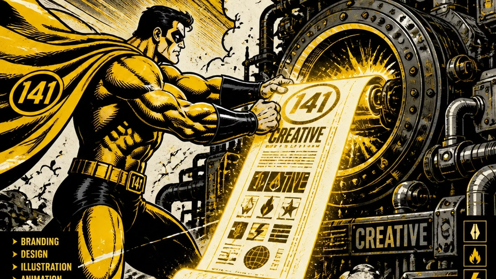 A hero feeding glowing pillar content into a brutalist repurposing engine — content repurposing for omnichannel marketing
