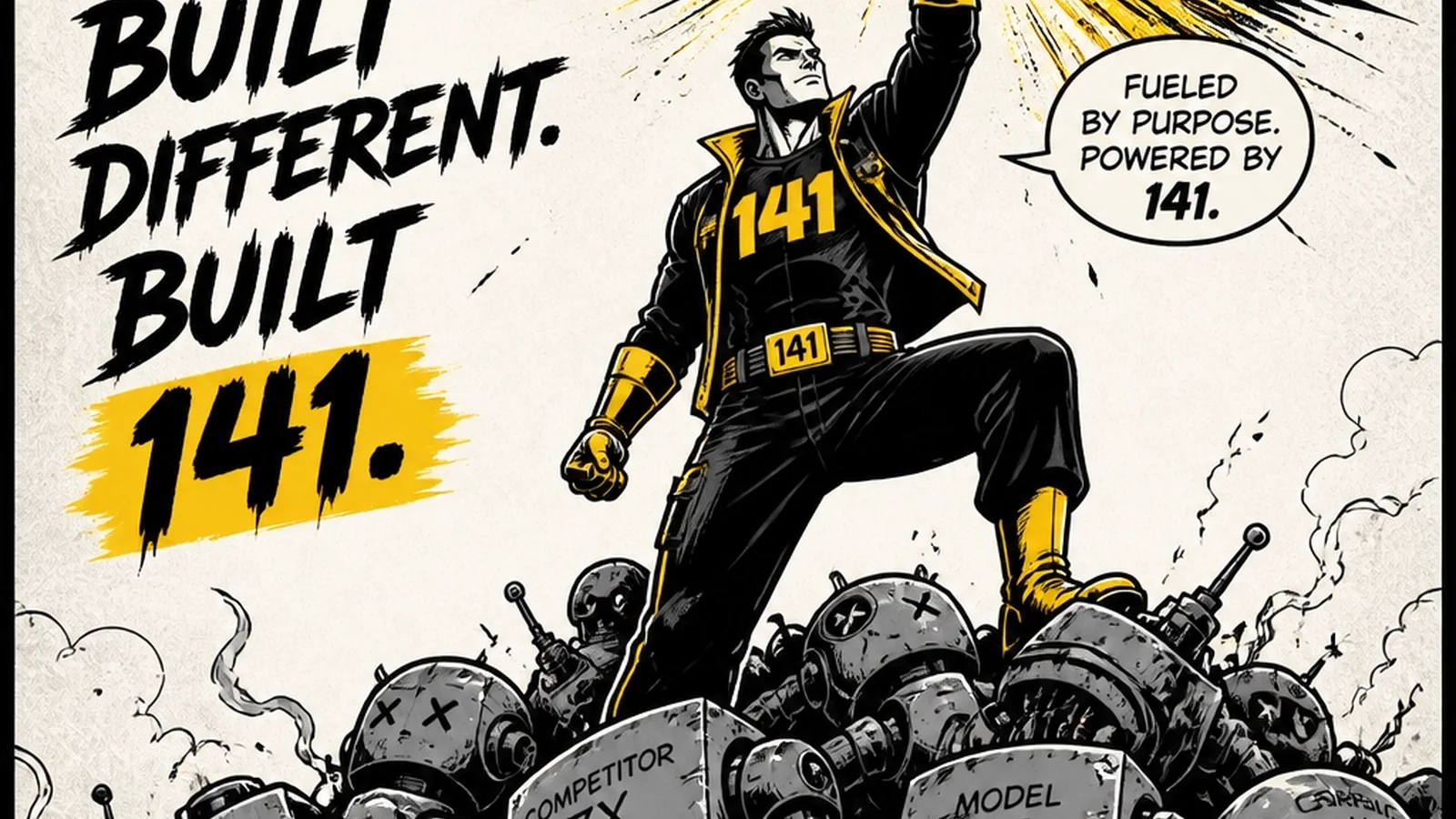 Triumphant brutalist hero standing victorious — Chapter 11 of The 141 Chronicles, content repurposing wins