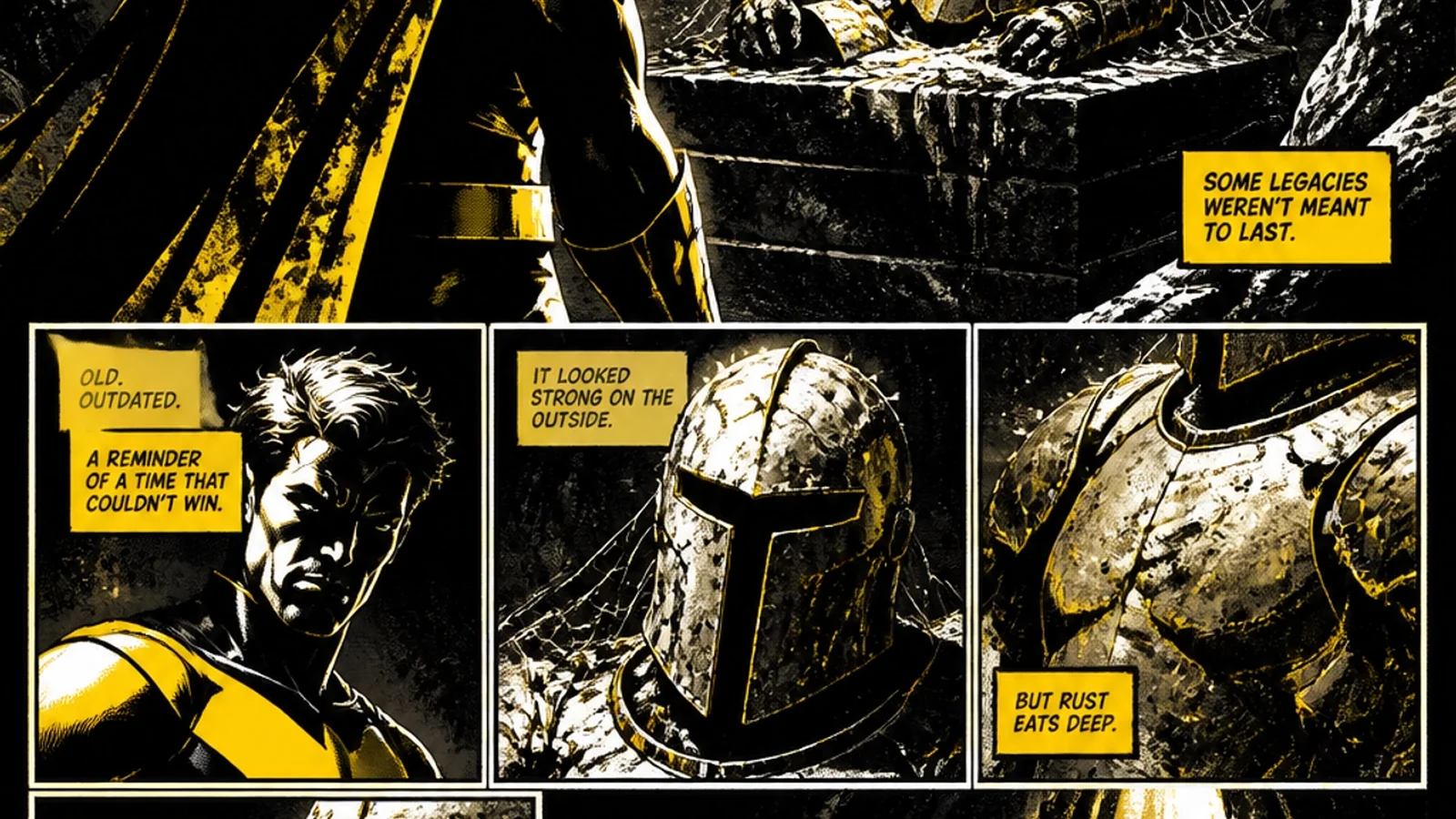Brutalist comic illustration of a hero in rusted armor — outdated brand visual identity holding businesses back from growth