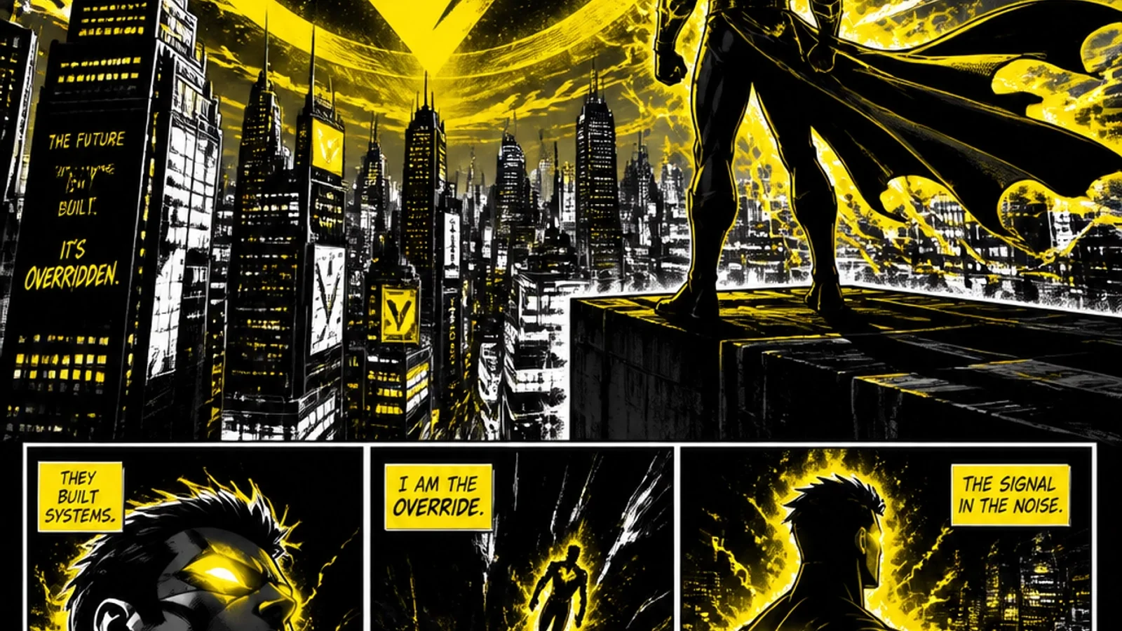 Brutalist comic hero standing atop a digital skyscraper after a brand redesign and visual glow-up by 141 Creative