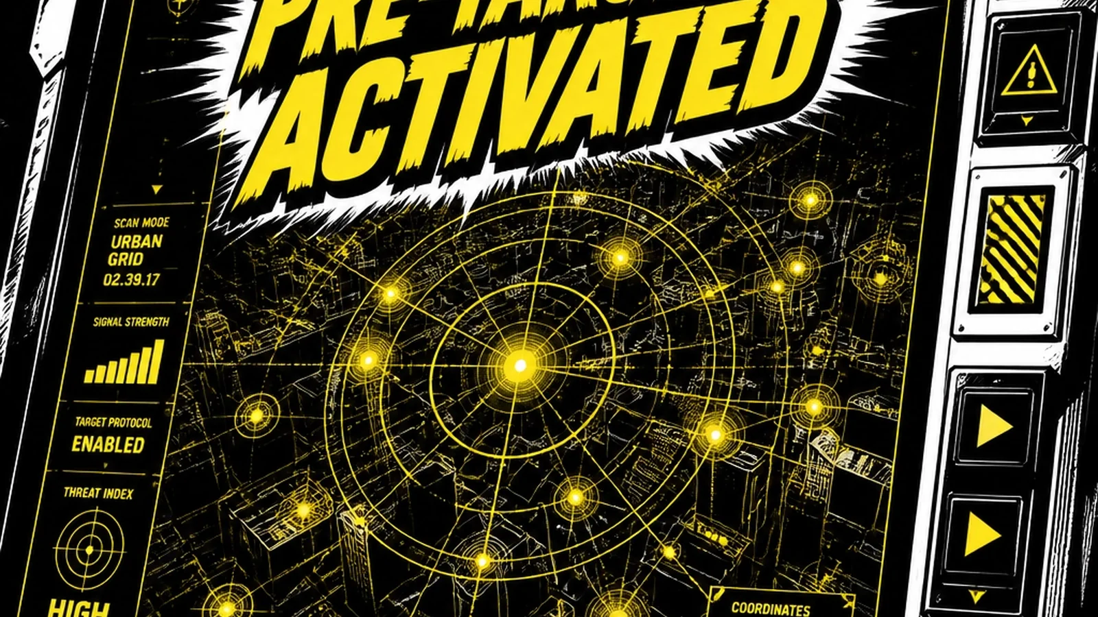 Brutalist comic illustration of an AI pre-targeting scanner identifying high-intent leads in real time — 141 Creative proprietary lead generation
