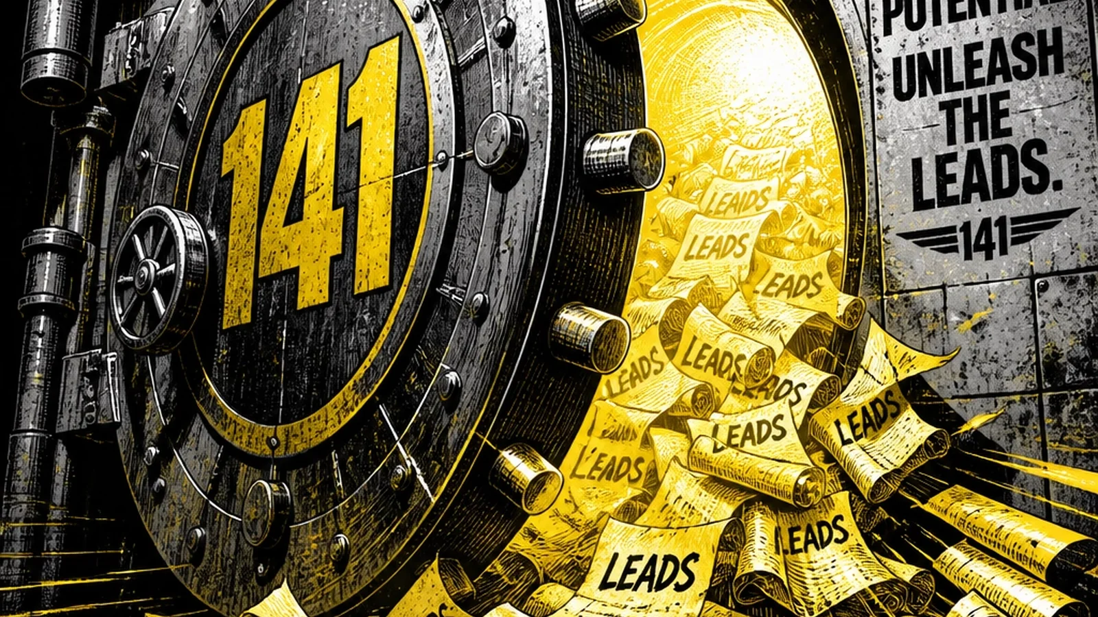 Brutalist comic vault of ROI opening — the financial payoff of AI-powered lead generation and high-converting web design