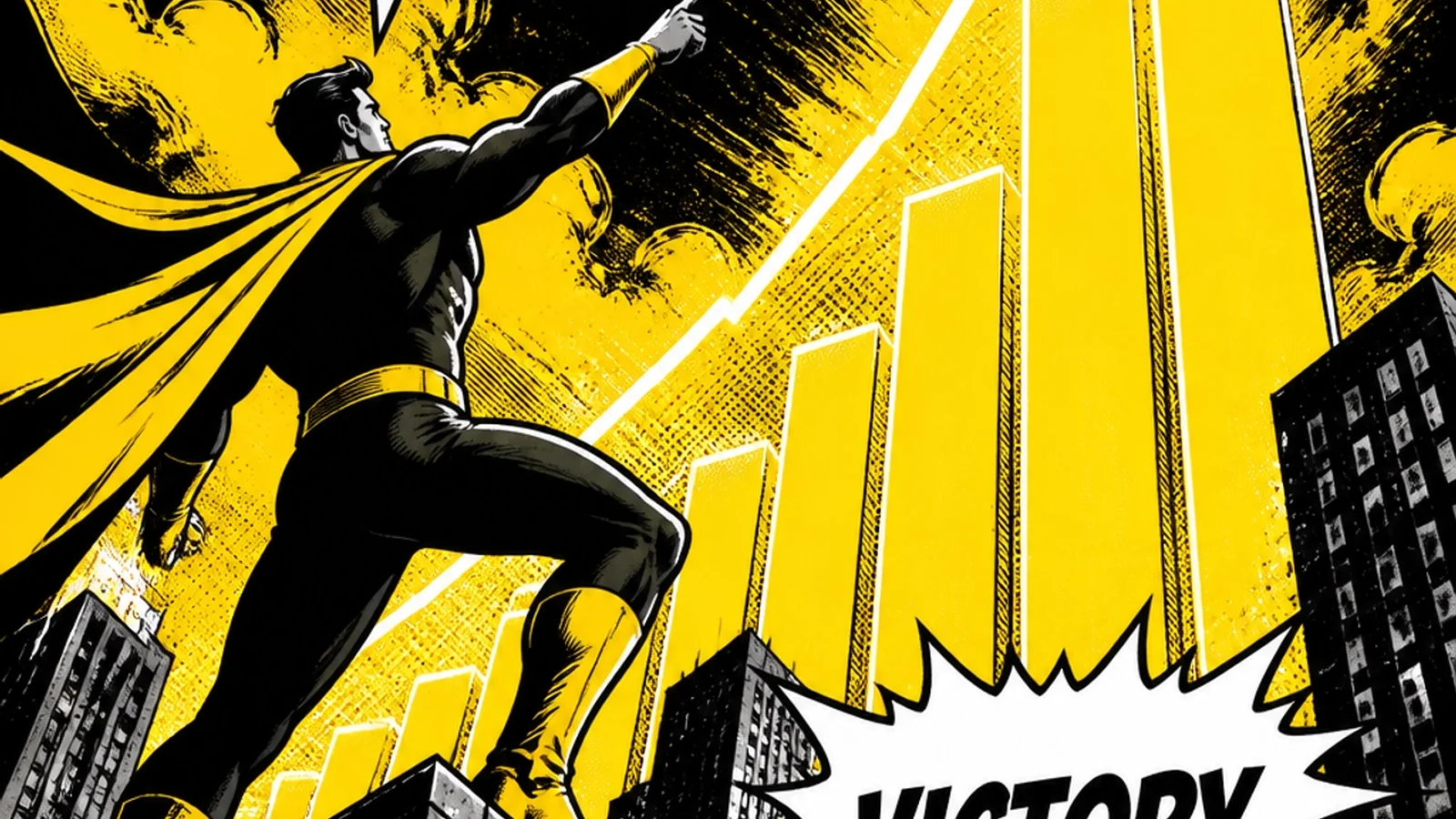 Brutalist comic hero standing atop a skyscraper after a Victory ROI win — the elixir of return on investment from 141 Creative