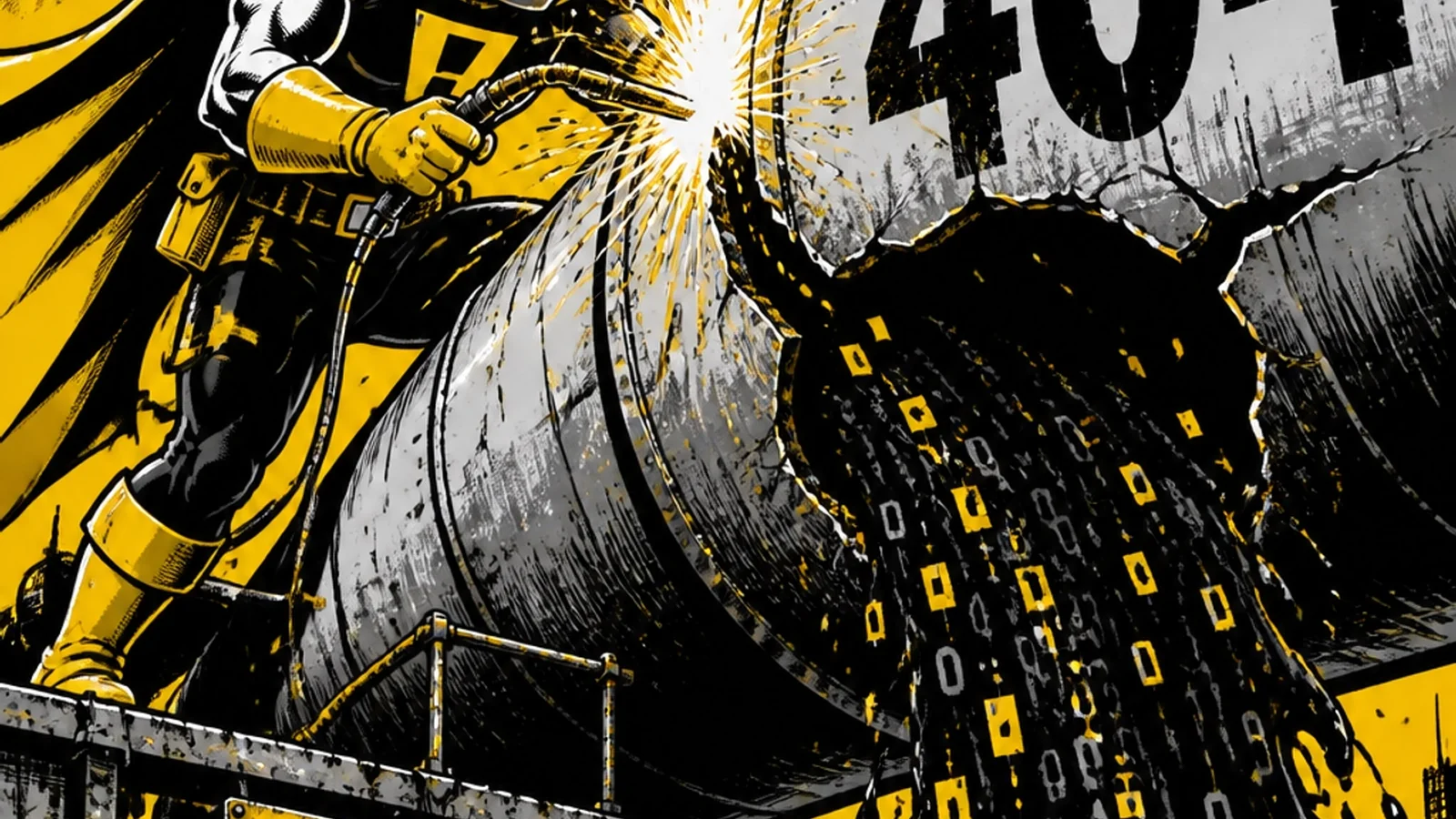 Brutalist comic illustration of a hero plugging 404 error leaks with 301 redirects — technical SEO maintenance for broken links