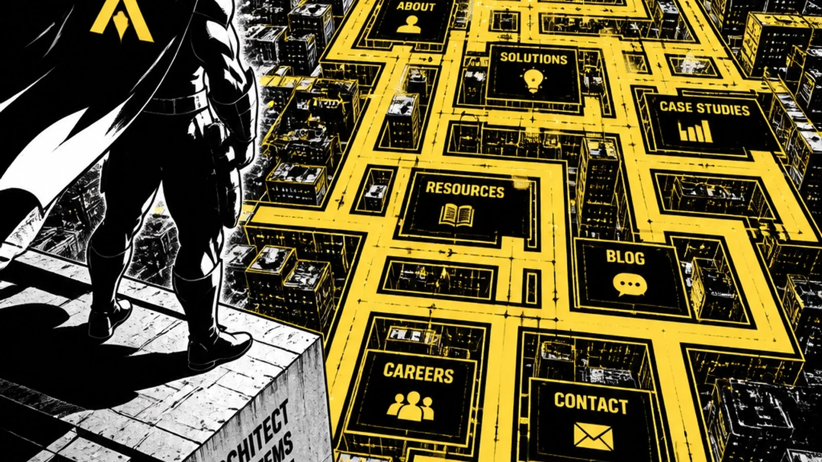 Brutalist comic blueprint of a sitemap maze — topical pillar and cluster site architecture for technical SEO