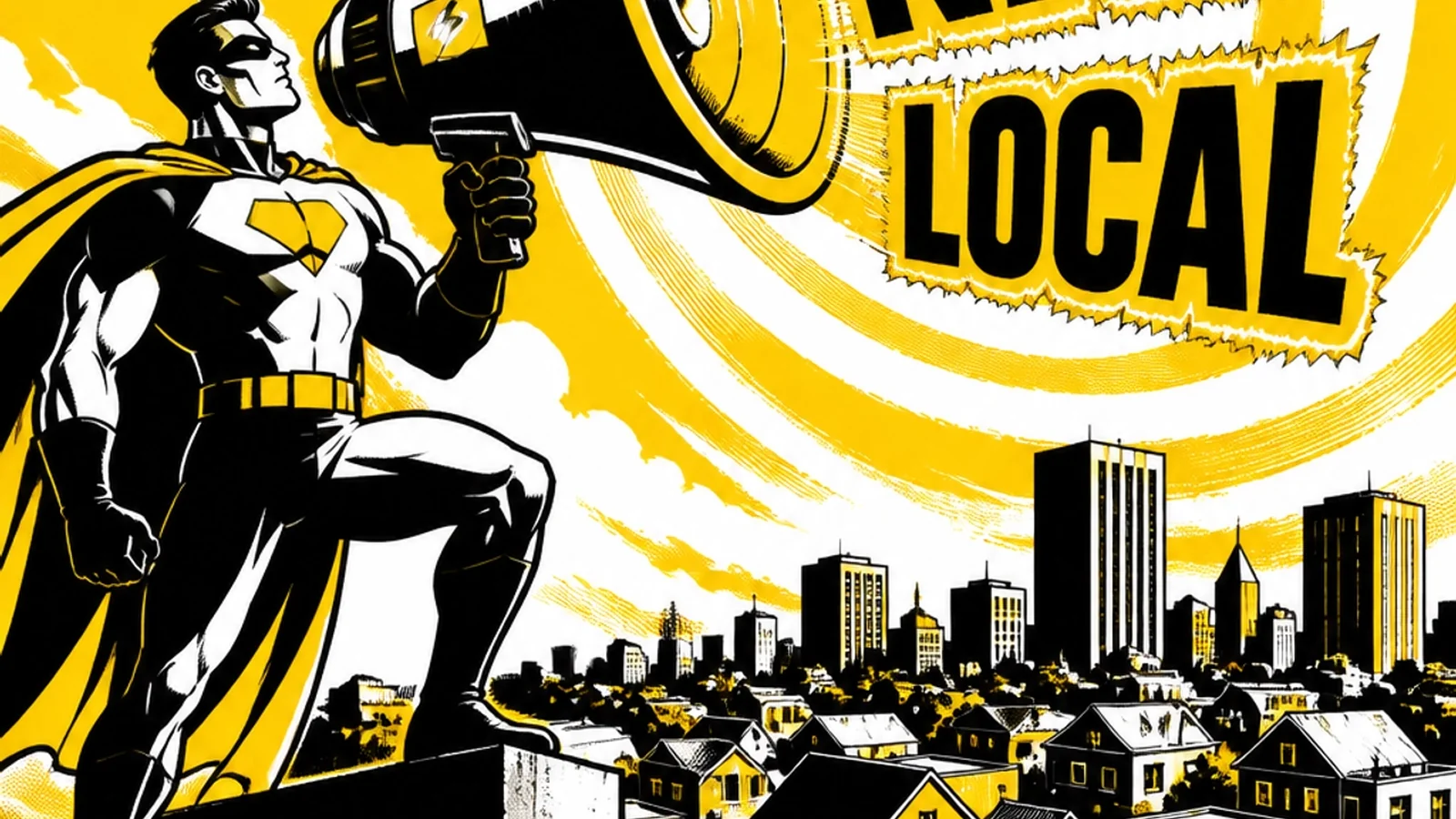 Brutalist comic megaphone — geo-modified hyper-local content, location pages, and community involvement for local search dominance