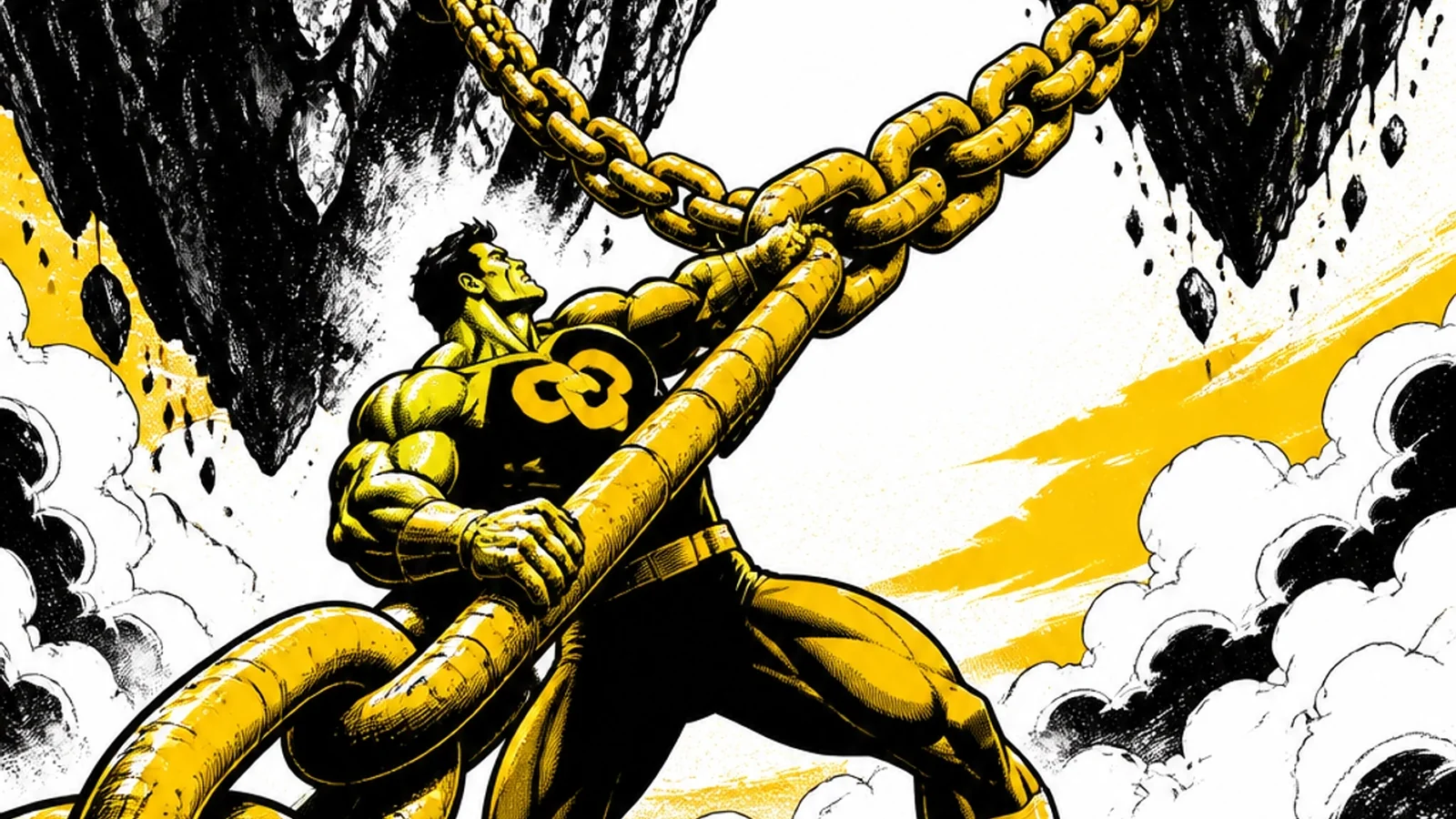 Brutalist comic illustration of link building as massive reinforced steel cables anchoring a brand island to the digital mainland — the foundation of off-page SEO