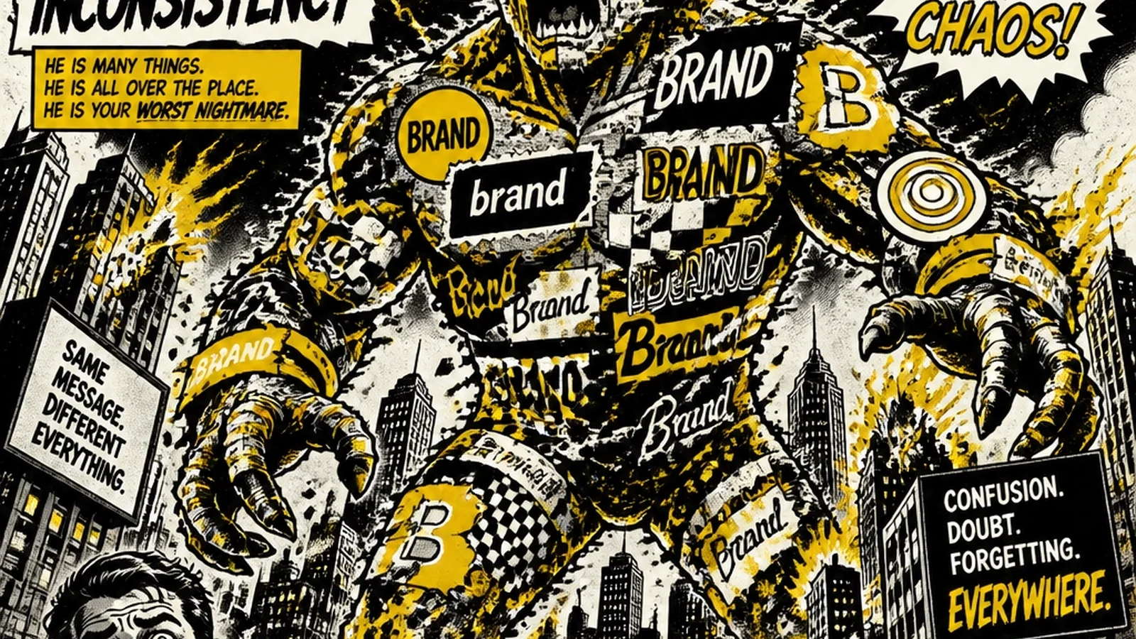 Brutalist comic illustration of brand inconsistency — fragmented logos, mismatched colors, and clashing typography across channels as the Inconsistency Villain
