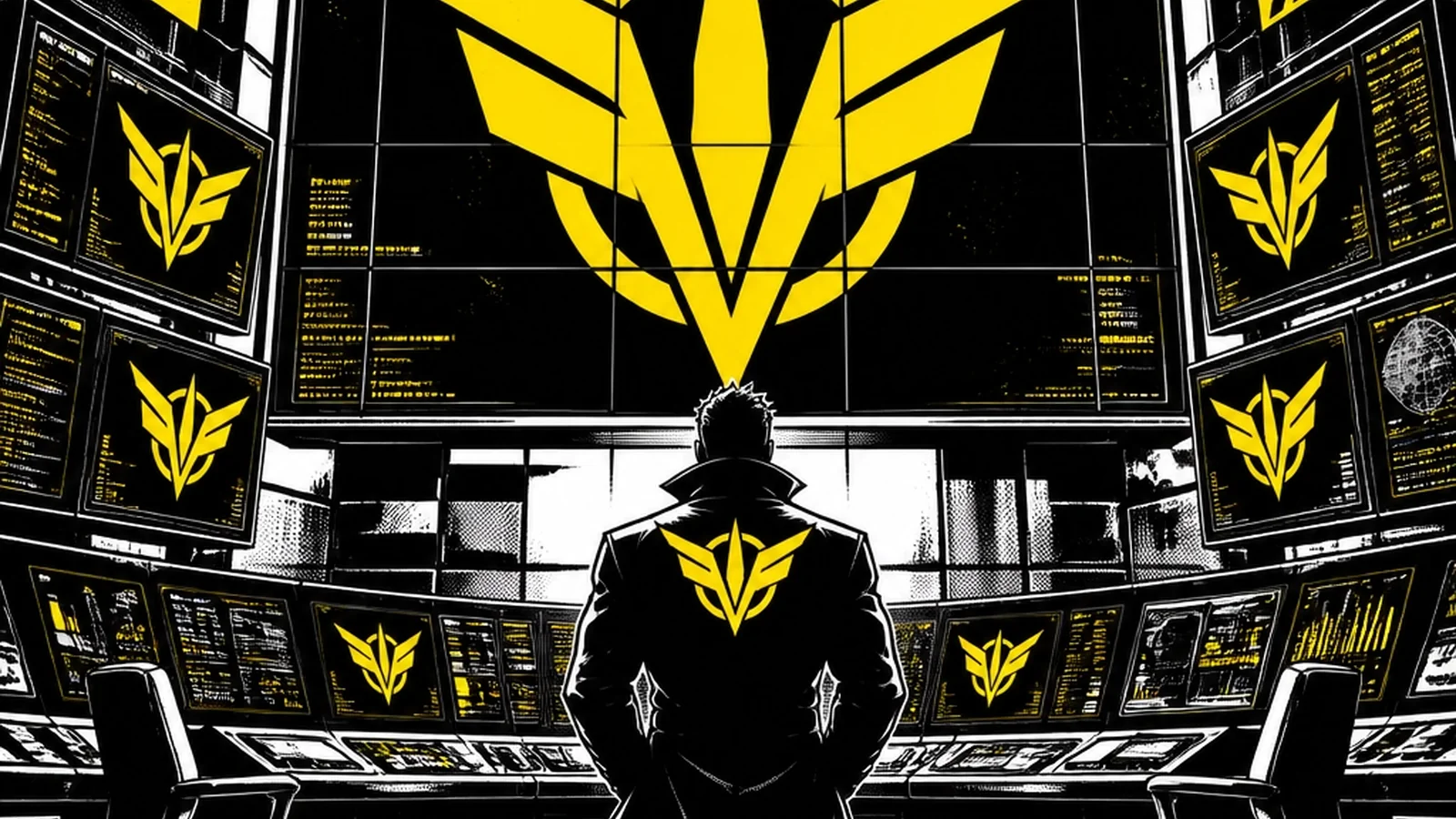 Brutalist comic illustration of a digital command center — enforcing brand style guide rules across every page, partner, and content channel