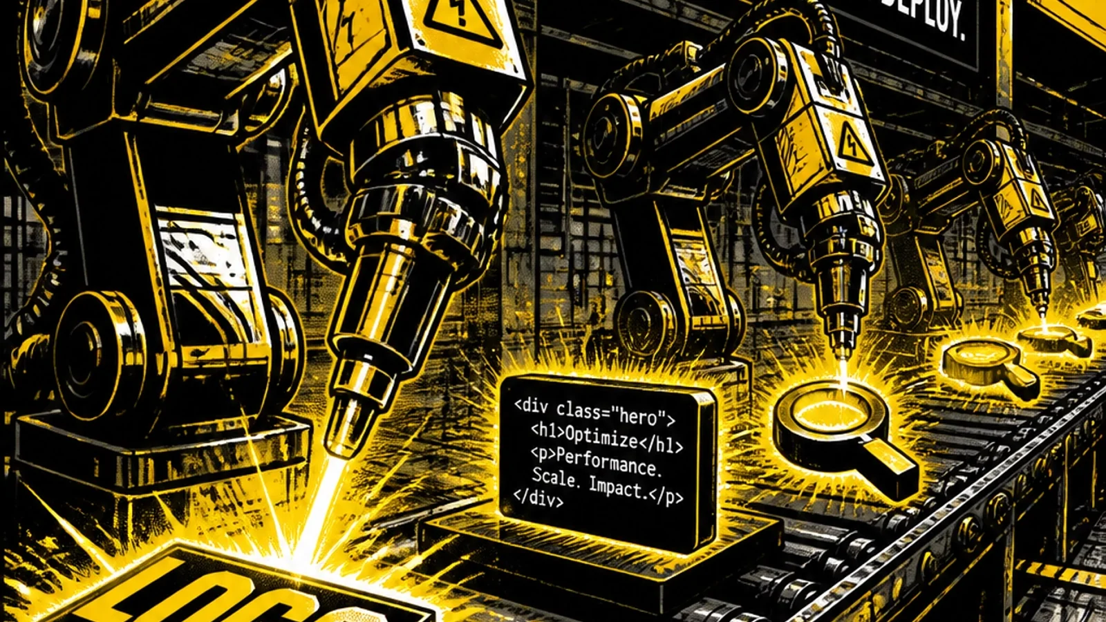 Brutalist comic illustration of a digital assembly line — marketing automation, approval routing, scheduled publishing, and real-time reporting handled by an automation sidekick