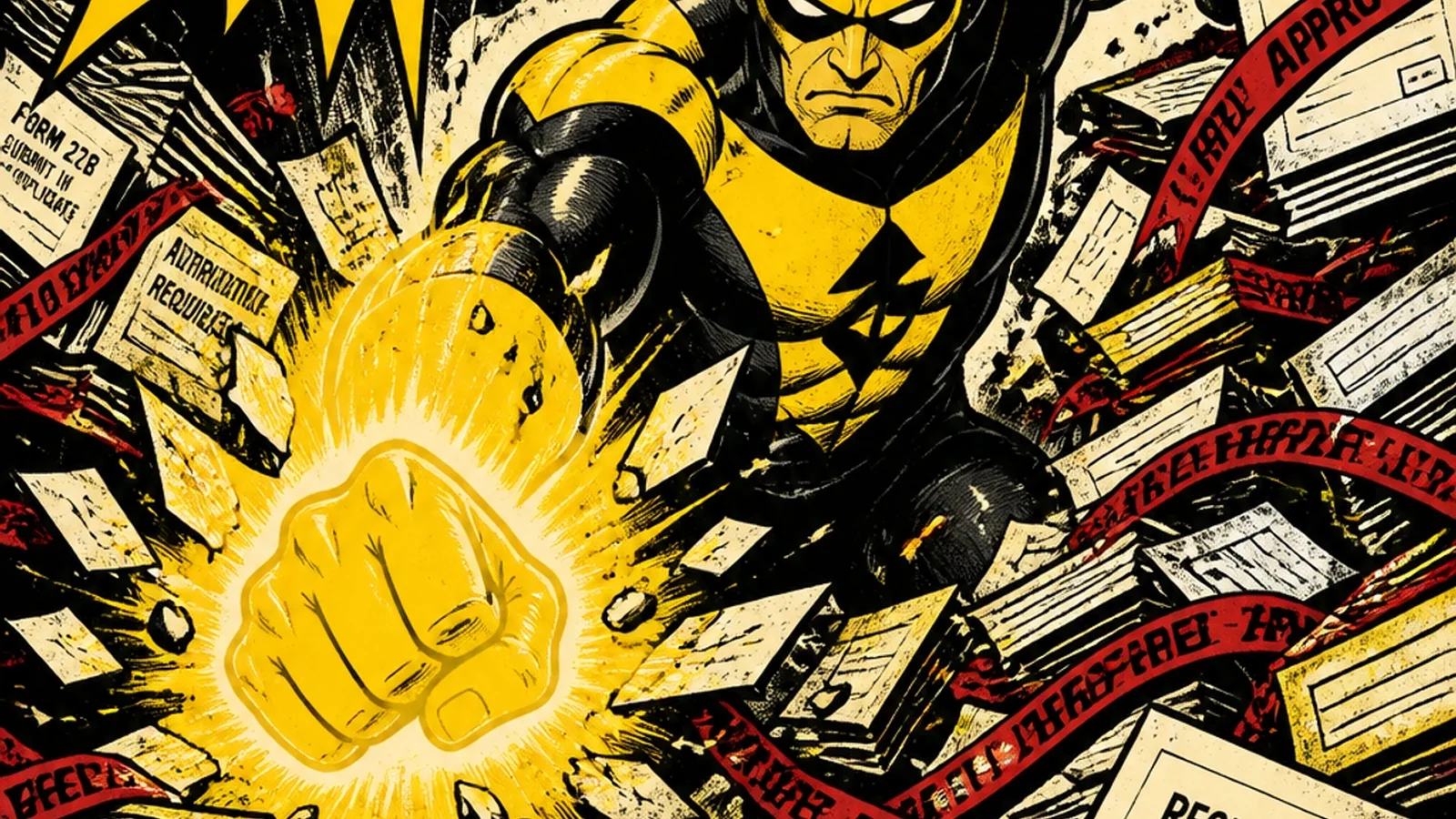 Brutalist comic illustration of a hero smashing red tape and bureaucracy — workflow bottlenecks, manual data entry, and approval-loop villains being destroyed