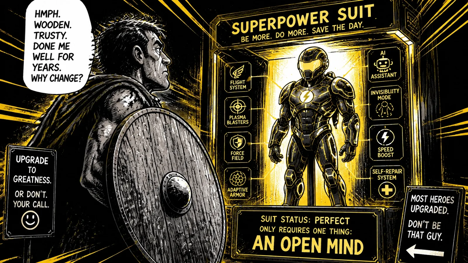 Hero with an old shield looking at a high-tech suit, representing digital marketing transformation.