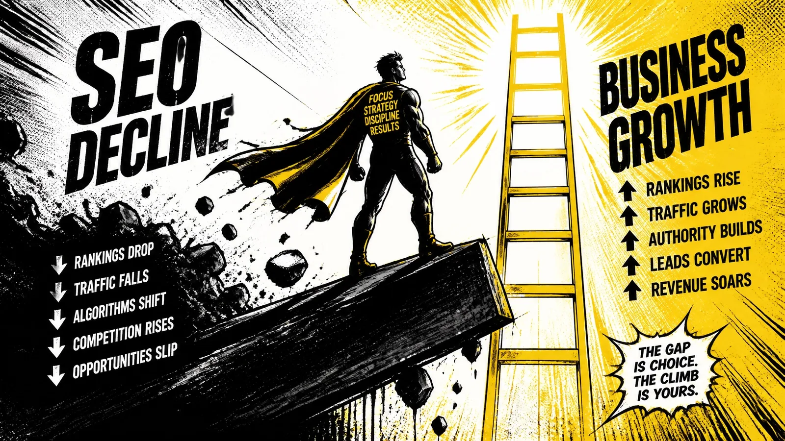 Hero on a tilting platform, illustrating the choice between SEO decline and business growth.