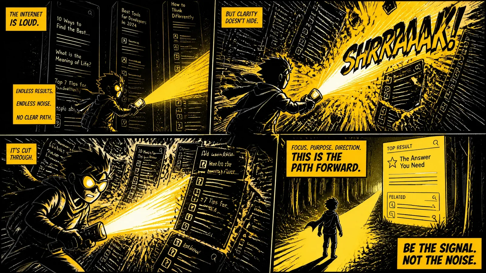Superhero using a yellow light to navigate search engine results and find a clear digital path.
