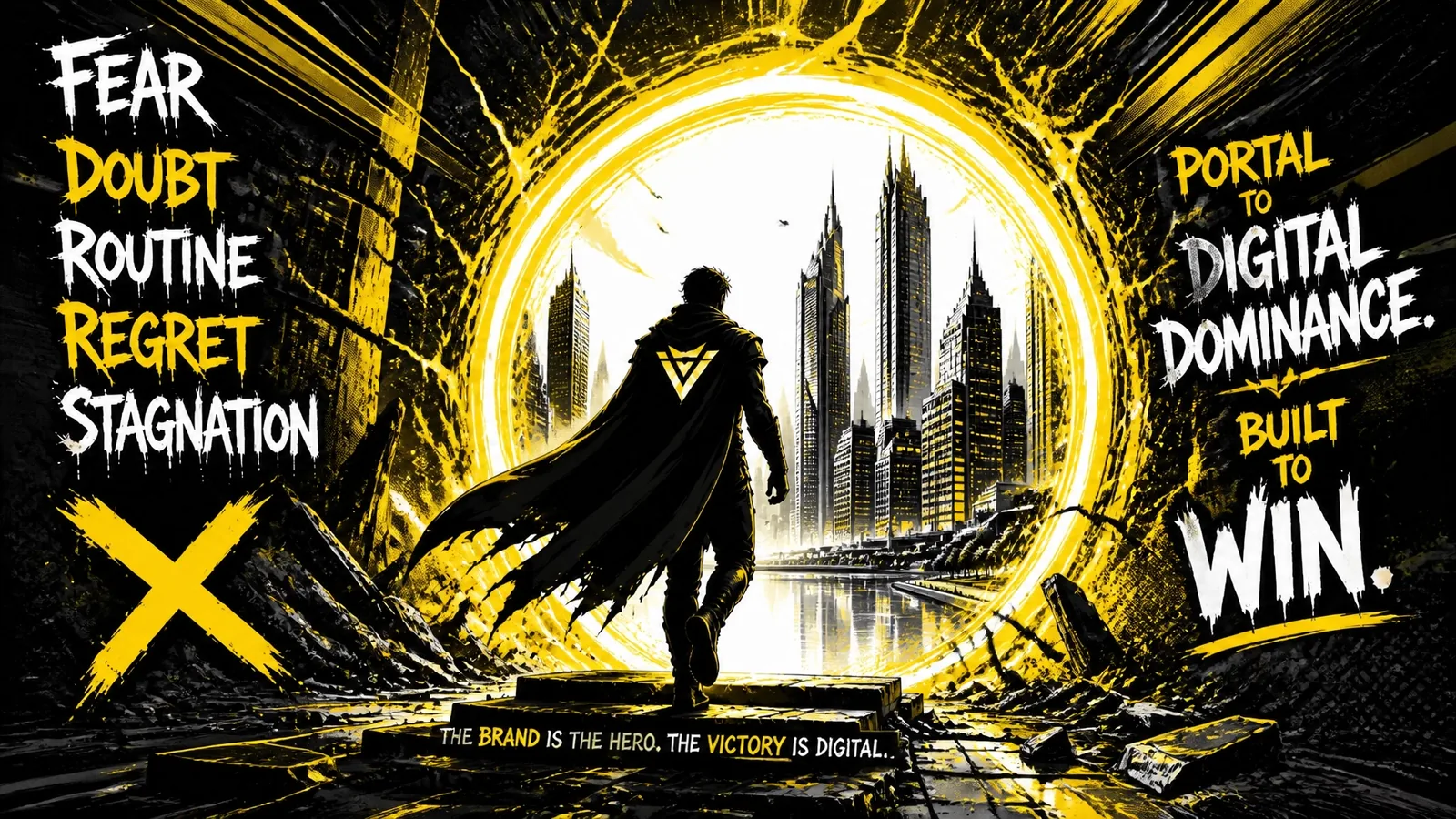 Superhero silhouette stepping through a yellow portal toward digital dominance and brand victory.