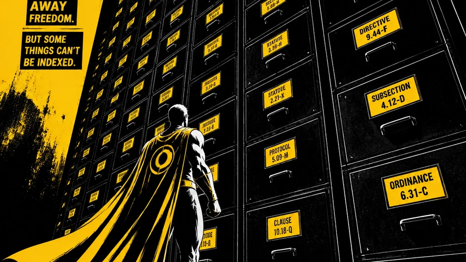 Brutalist comic illustration of a content library catalog system — metadata tags, version control, and SEO keywords organizing a fortress of digital assets
