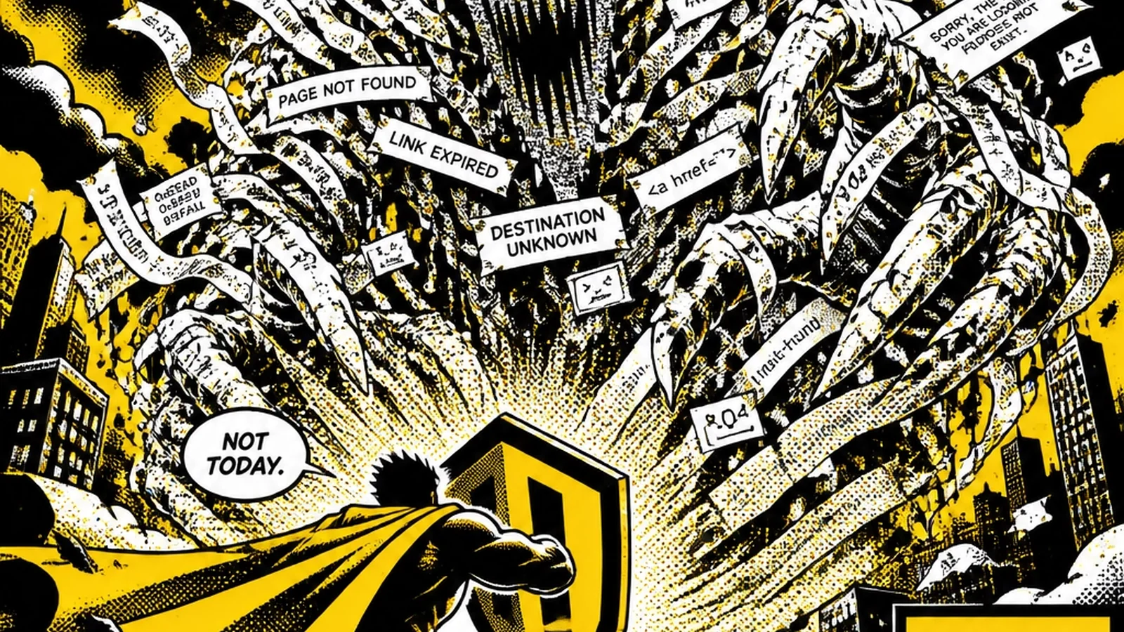 Brutalist comic illustration of The Chaos villain — a disorganized digital void of lost files, broken links, and duplicated assets devouring marketing ROI