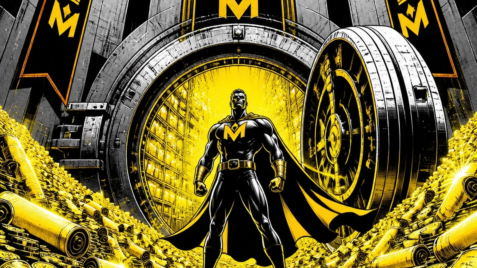 Brutalist comic illustration of a vault overflowing with digital marketing assets — the ROI payoff of a well-organized content library compounding over time