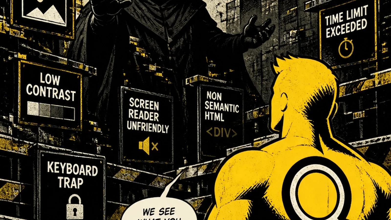 Brutalist comic illustration of The Exclusionist villain — low-contrast text, keyboard traps, and missing alt-text blocking users from a website fortress