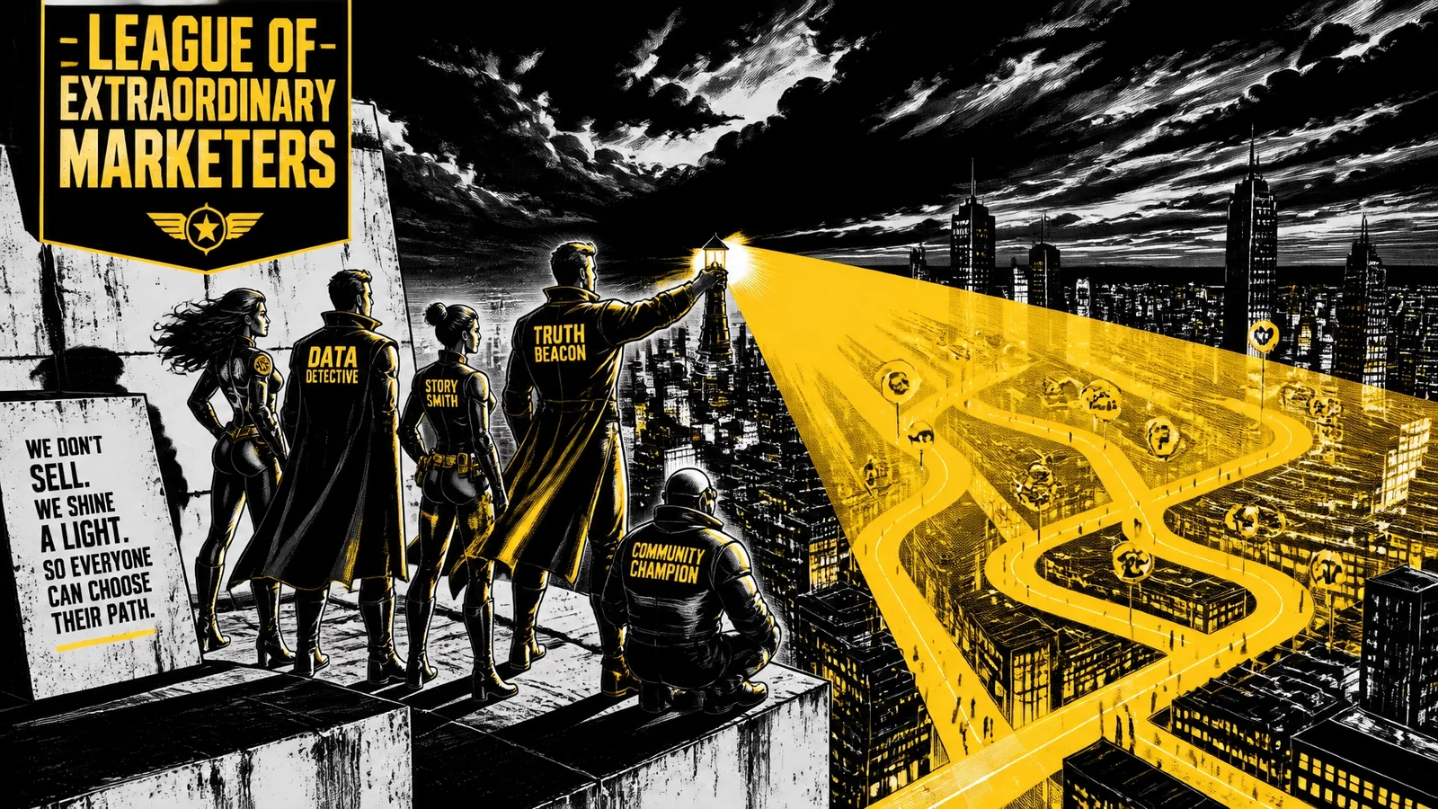 Brutalist comic illustration of The League of Extraordinary Marketers overlooking an accessible digital city — every citizen has a path to the front door