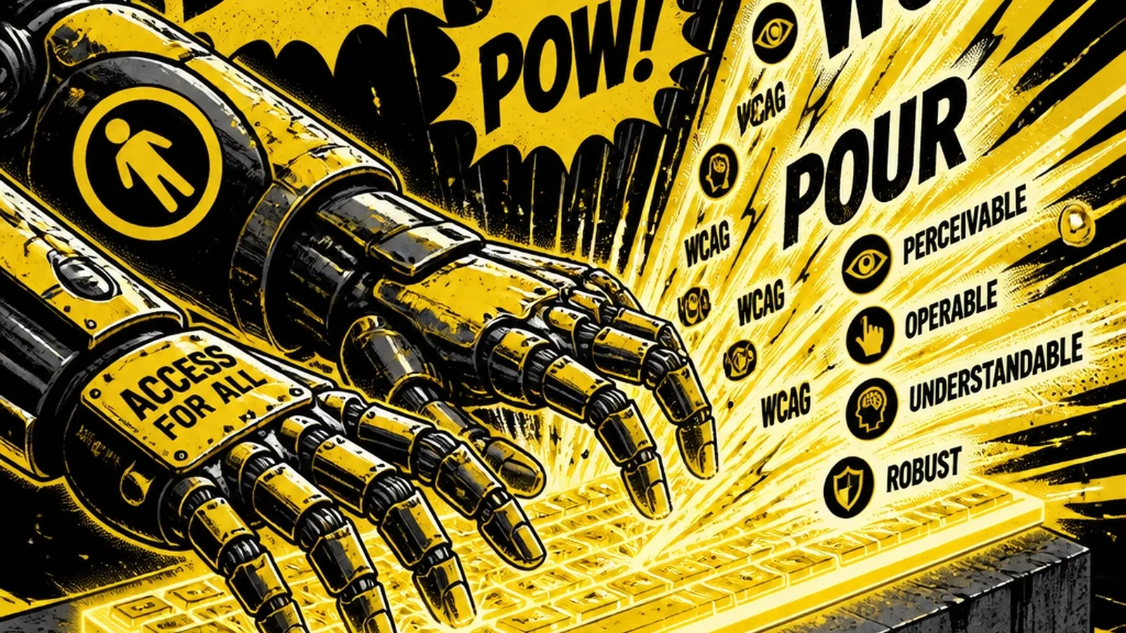 Brutalist comic illustration of a robotic hero gauntlet typing accessible code — WCAG 2.1 and 2.2 compliance shockwaves powering screen readers, keyboard nav, and alt-text