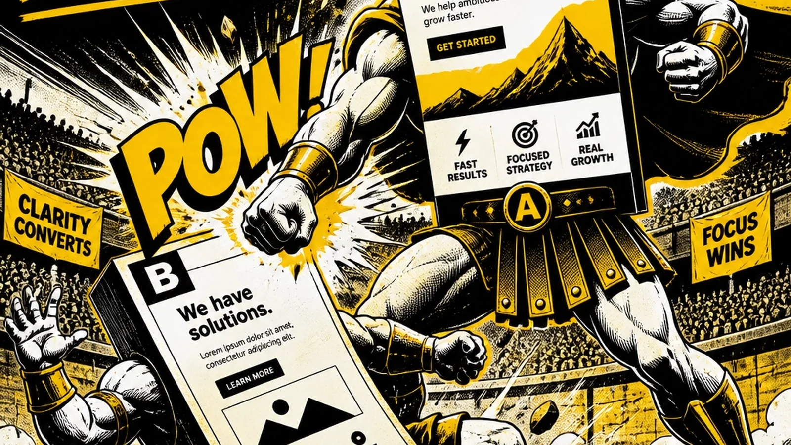 Brutalist comic illustration of an A/B testing gladiator arena — Version A vs Version B headlines, button colors, and CTA copy fighting for conversion supremacy