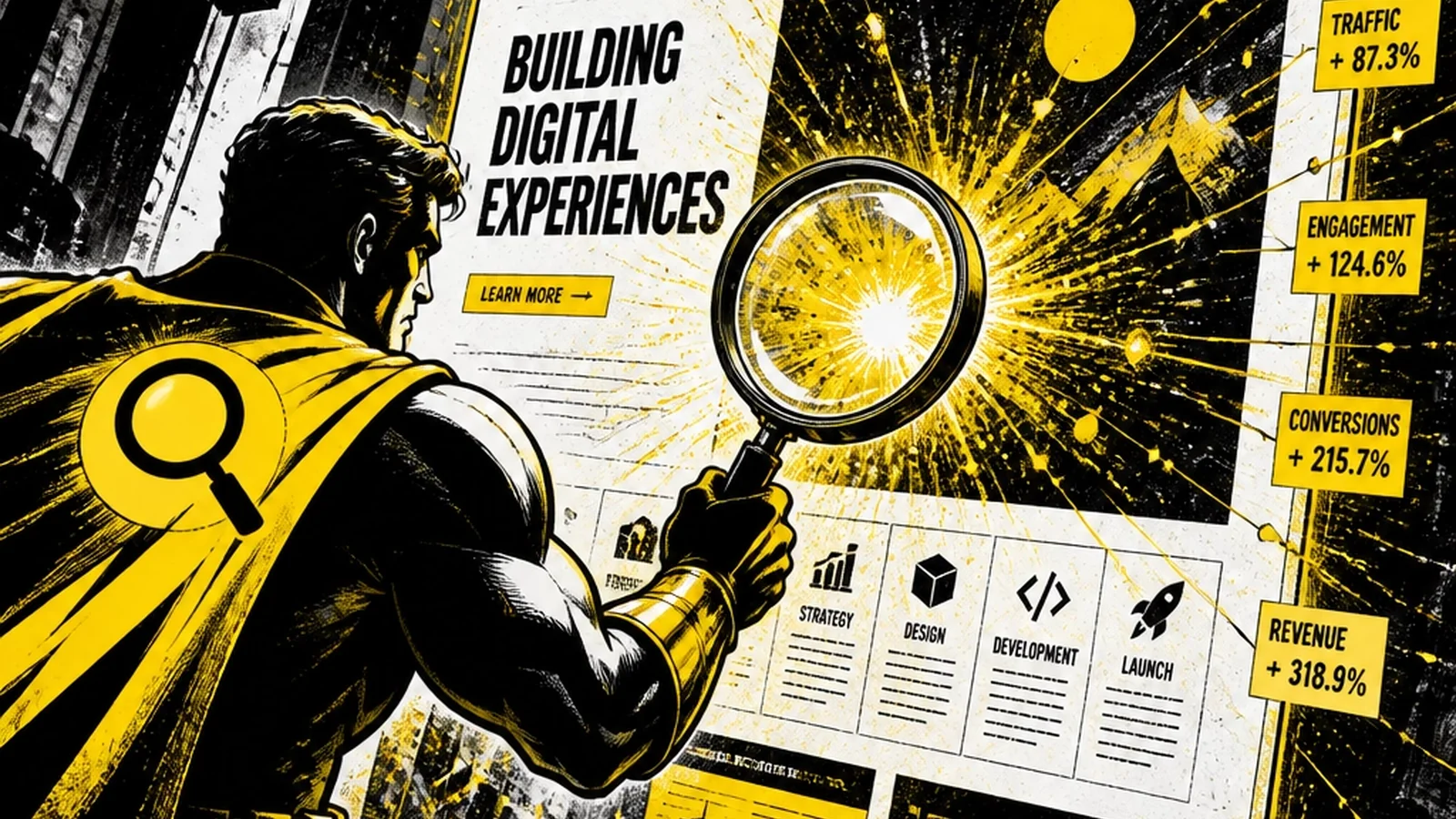 Brutalist comic illustration of the CRO Deep Audit Lab — heatmaps, A/B tests, session recordings, and conversion-rate diagnostics under bright lab lights