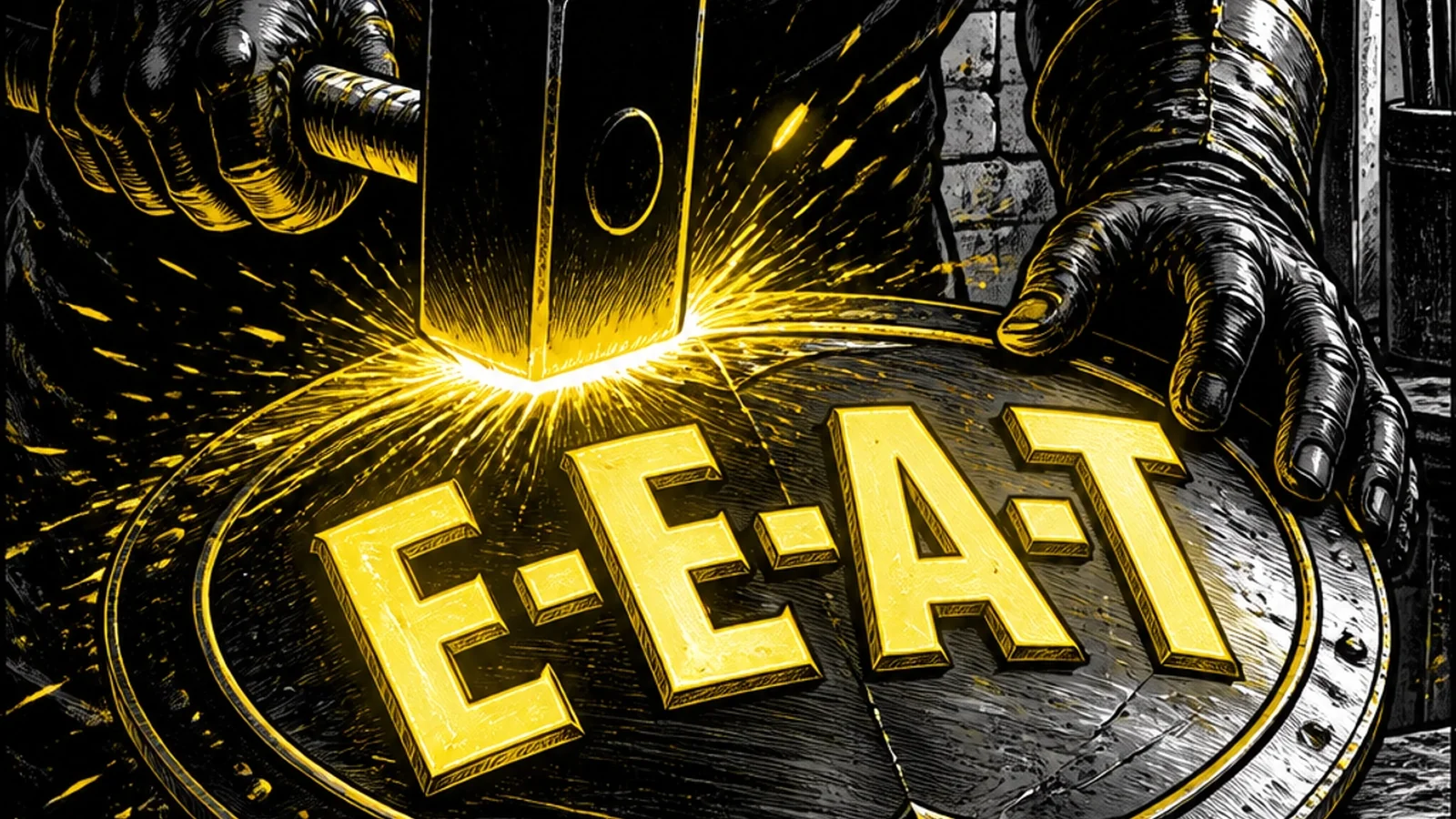 Brutalist comic illustration of a hero forging the E-E-A-T shield — Experience, Expertise, Authoritativeness, and Trustworthiness etched into armor against the Google algorithm storm