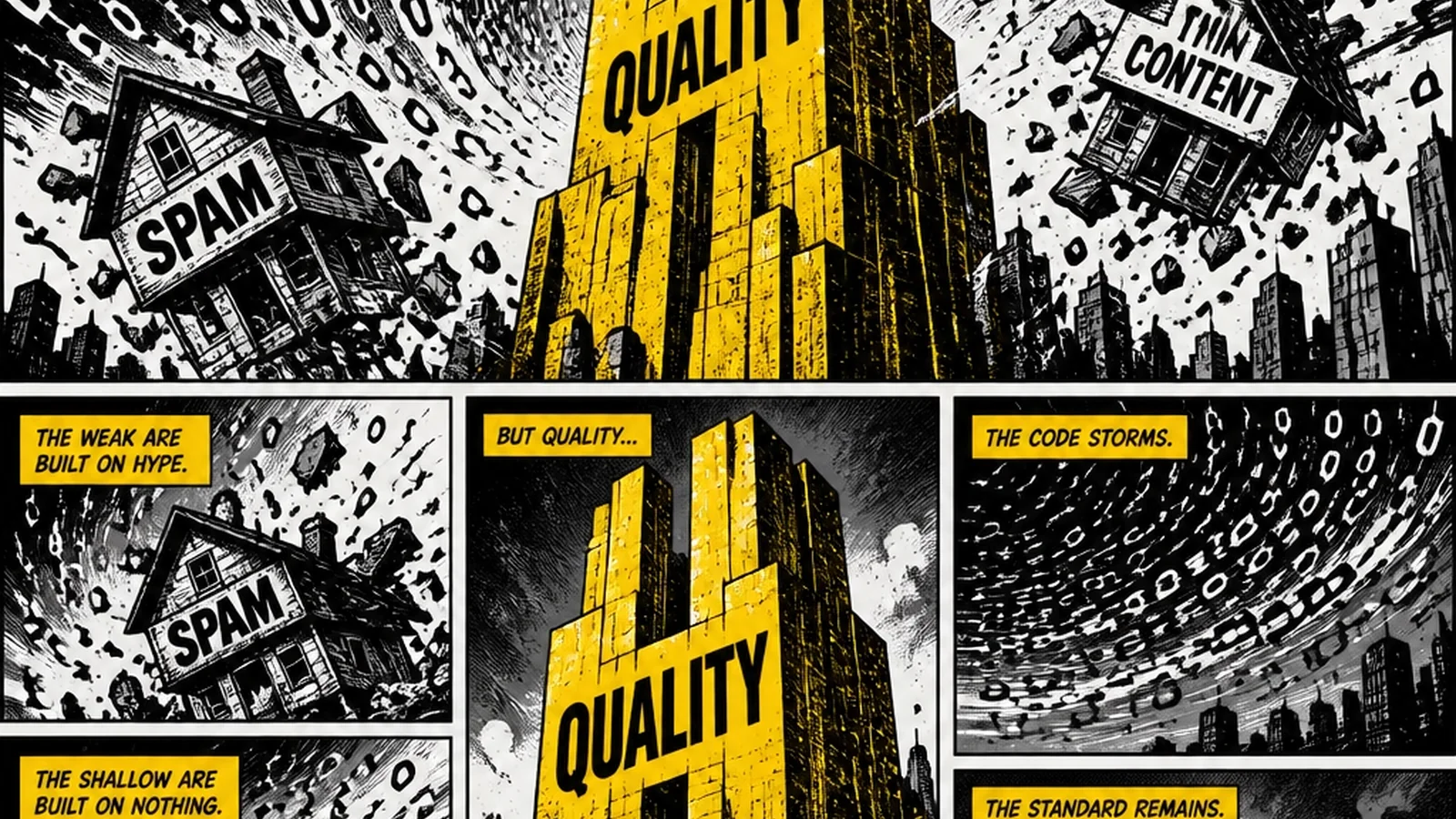 Brutalist comic illustration of a digital city with a strong fortress — Core Web Vitals, mobile-first optimization, and clean site architecture standing tall against Google algorithm storms