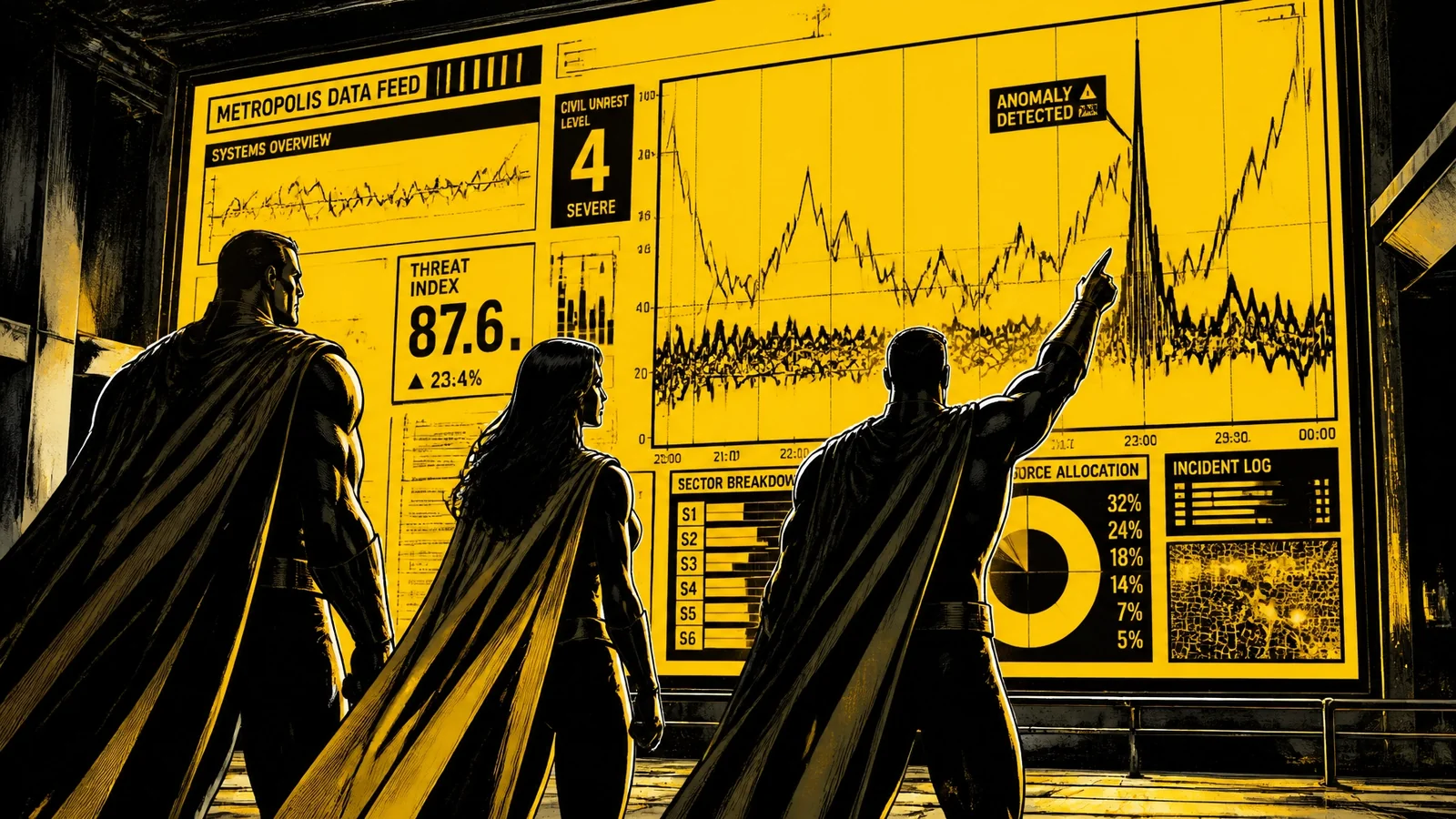 Brutalist comic illustration of The League analyzing data in the War Room — predictive analytics dashboards, competitor intel screens, and semantic clarity reports during a Google algorithm update