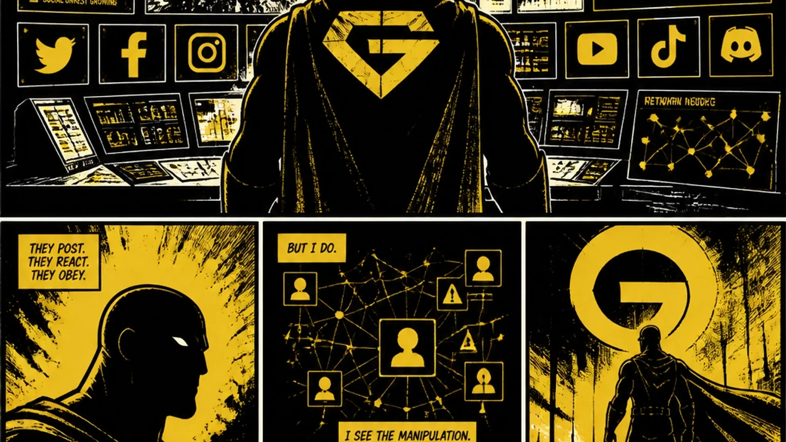 Brutalist comic illustration of the Reputation Command Center — sentiment analysis dashboards, review pattern charts, and AI-powered feedback diagnostics turning raw data into strategic intelligence
