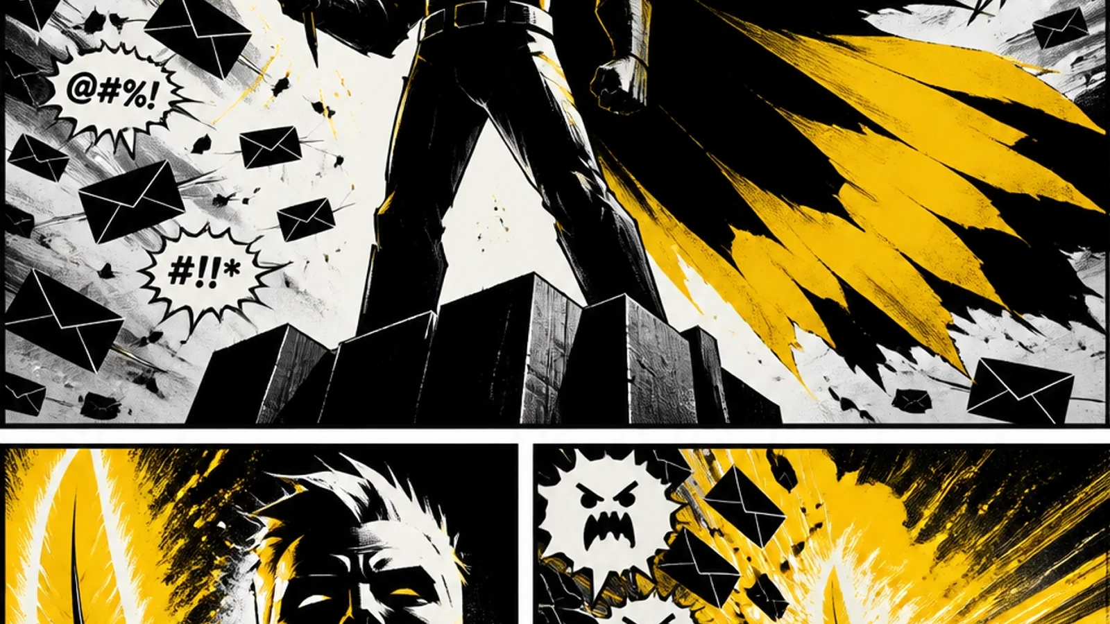 Brutalist comic illustration of a Guardian's defensive perimeter — Google Alerts, social listening dashboards, and review-monitoring command centers fortifying a brand reputation