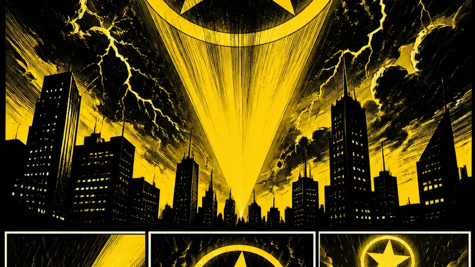 Brutalist comic illustration of The Signal Fire — a 5-star review beacon roaring above the digital city, drowning out negative noise with a flood of authentic customer testimonials