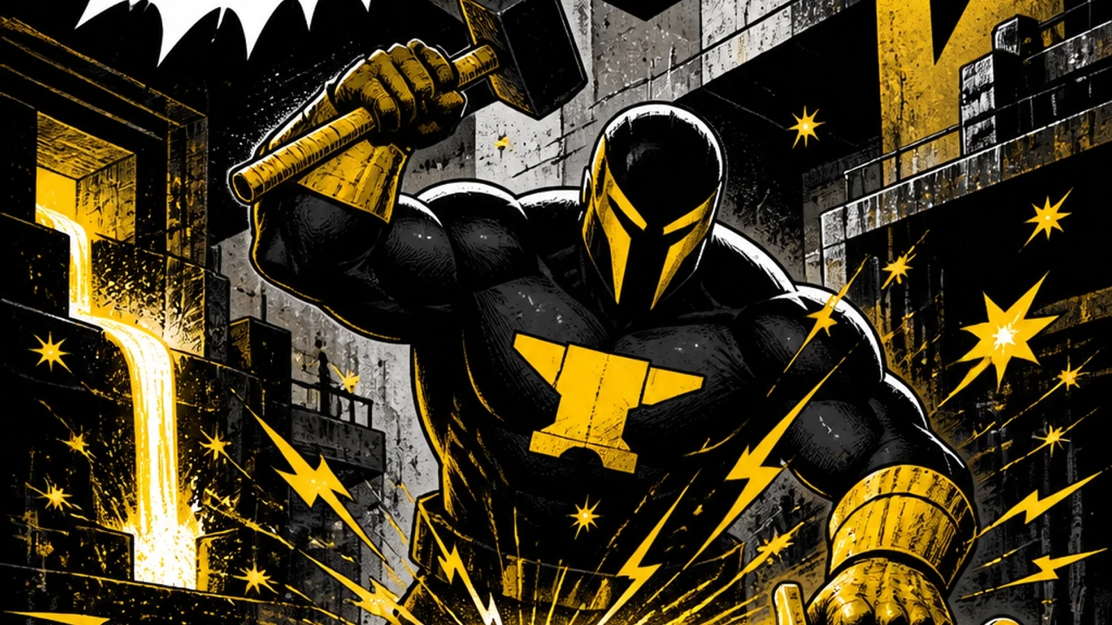 Brutalist comic illustration of The Forge — a hero hammering out the decision stage at a glowing anvil, with trust signals, testimonials, and a frictionless CTA being forged into a sharp value proposition
