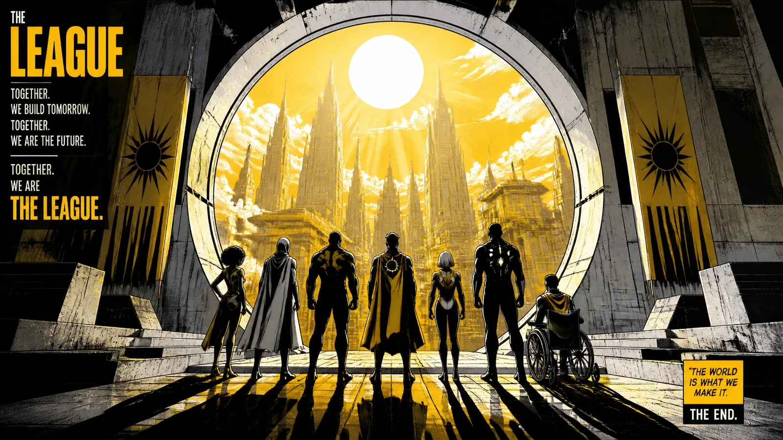 Brutalist comic illustration of The League — happy customers turned advocates standing shoulder-to-shoulder with the brand, fighting battles together in the retention and advocacy stage of the customer journey