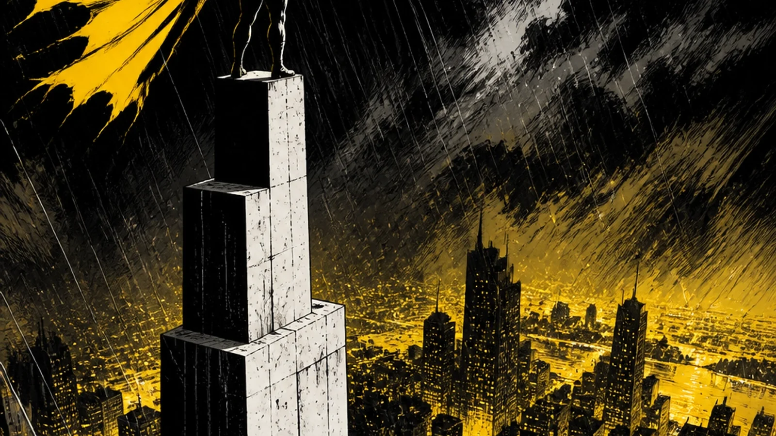 Brutalist comic illustration of The Signal — a yellow lighthouse beacon cutting through digital fog, calling potential customers in the awareness stage with bold SEO and social signals