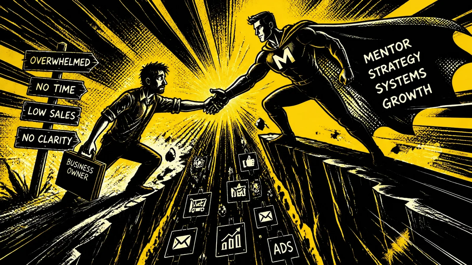 Superhero marketing mentor helping a business owner cross the digital marketing abyss.