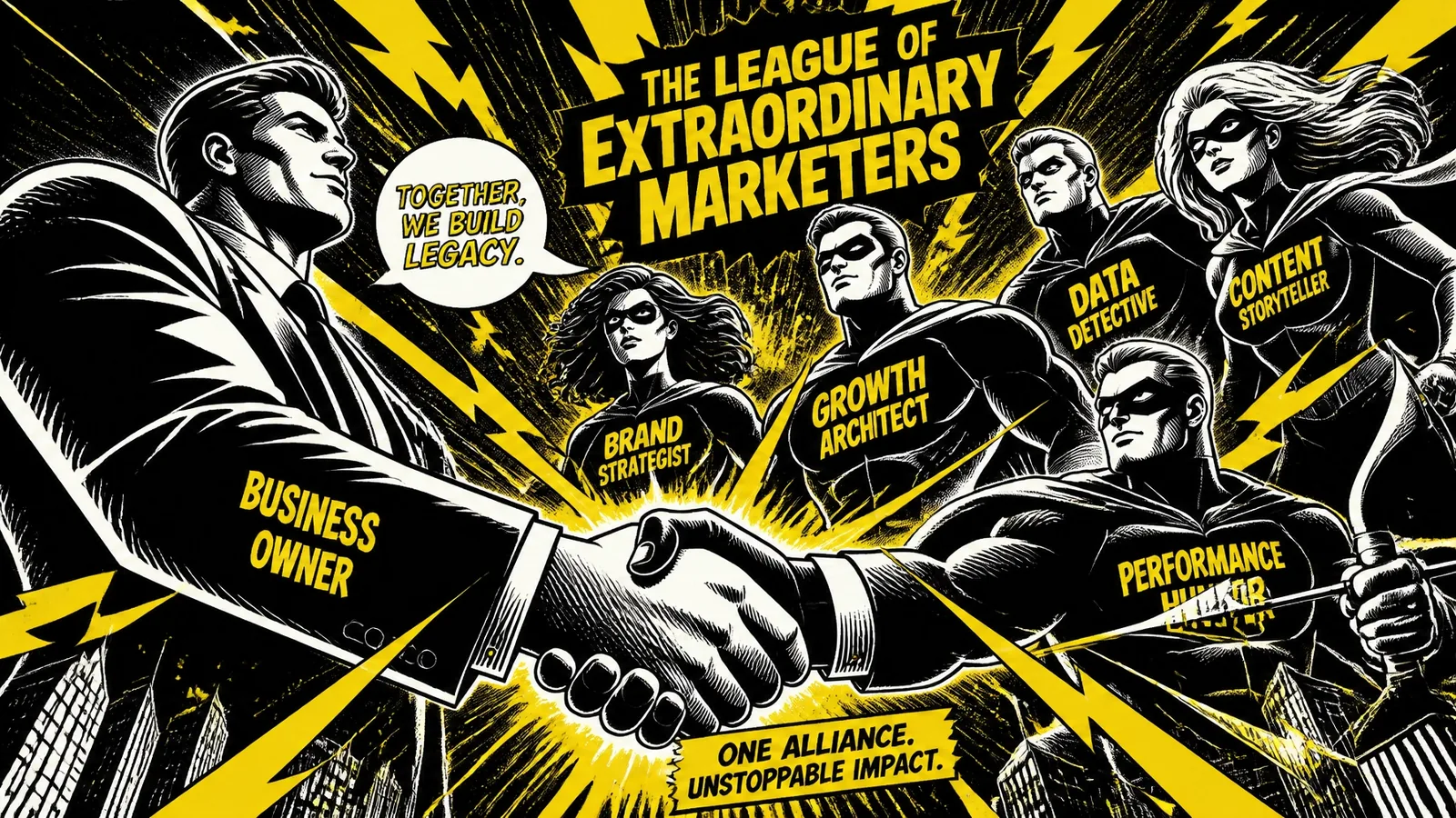 Partnership handshake between a business owner and a marketing agency with energetic yellow sparks.