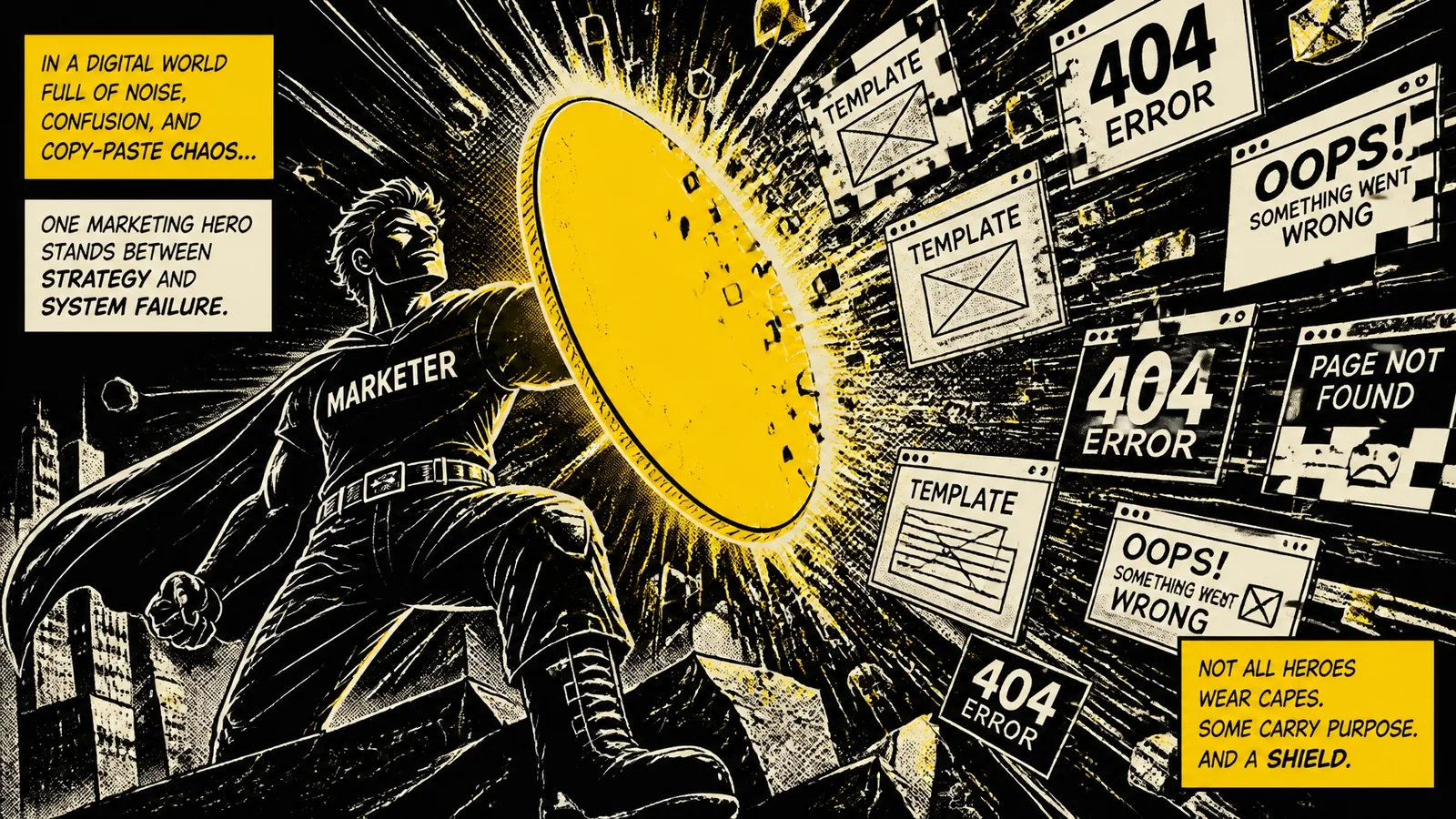 Marketing hero using a yellow shield to block generic templates and website errors.