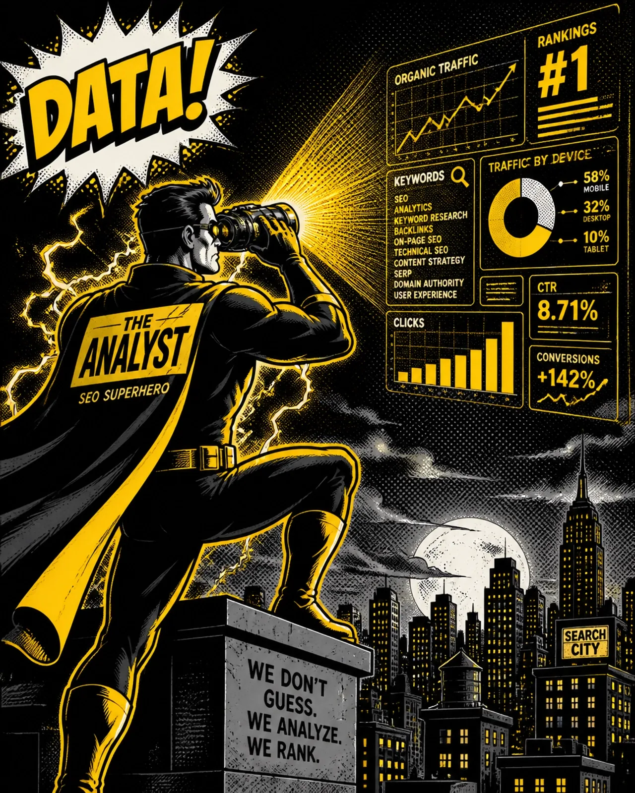The Analyst scanning the digital horizon with high-tech data binoculars