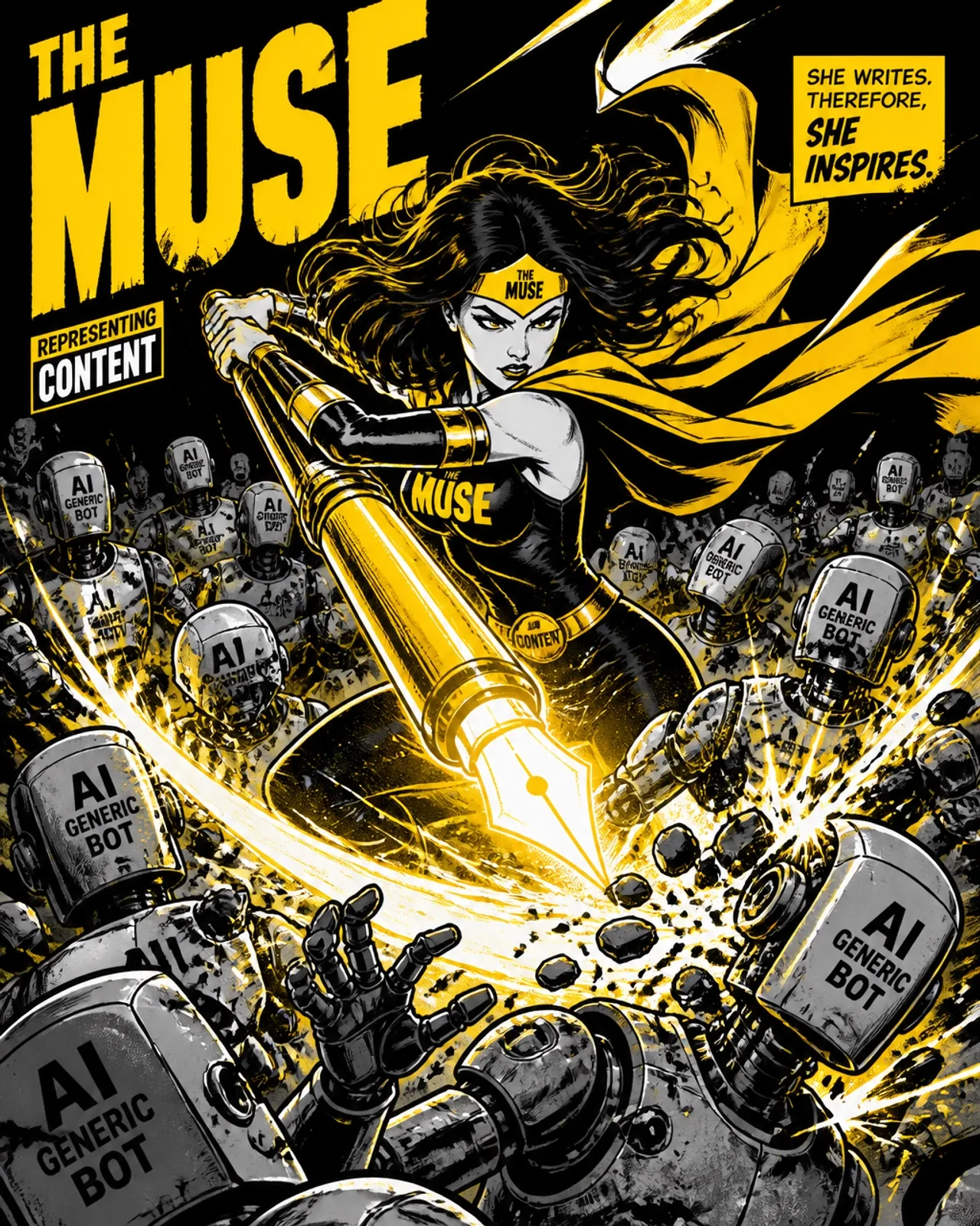 The Muse fighting off generic AI bots with her glowing pen-sword