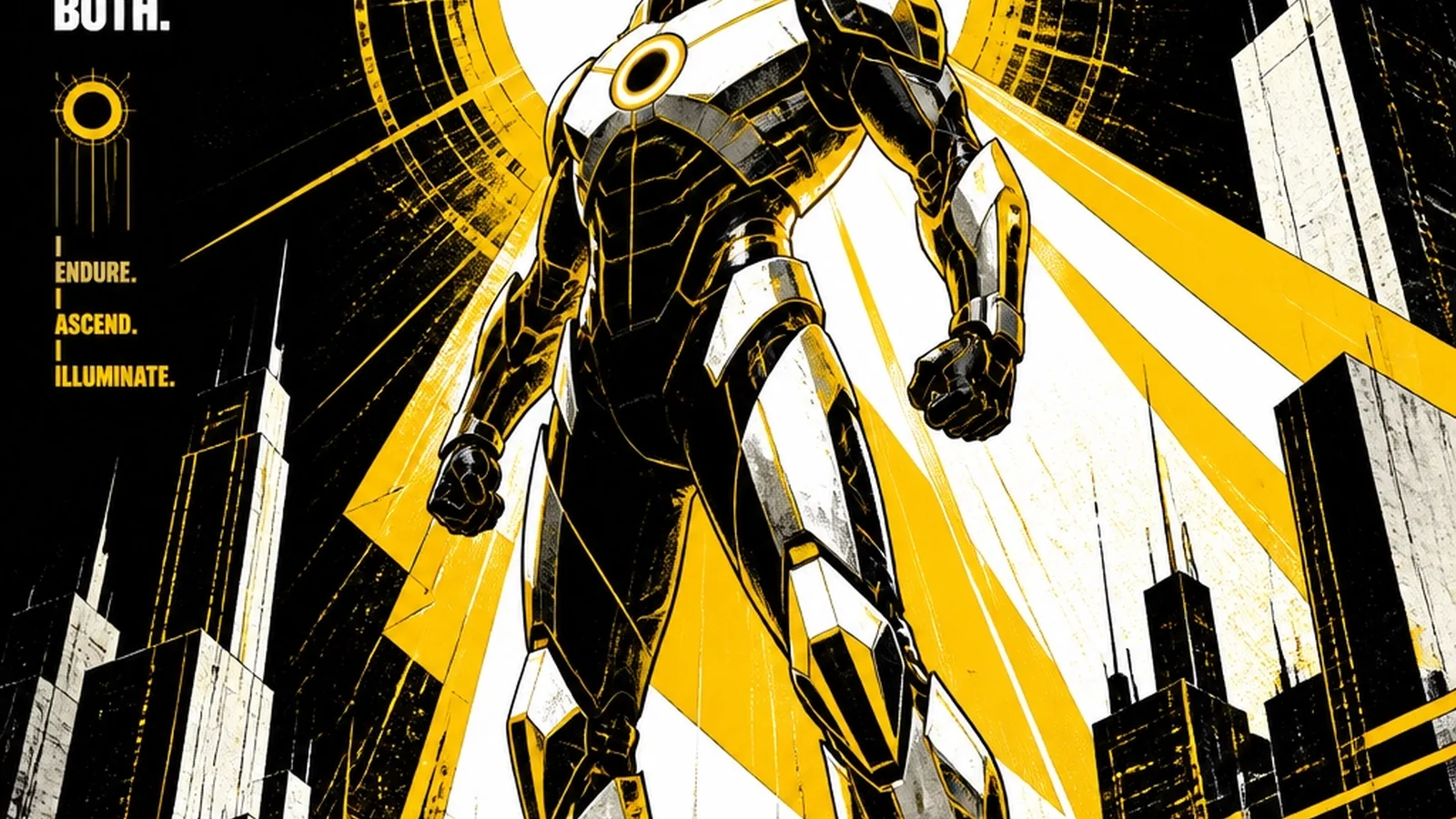 The hero standing tall in a brand new, sleek, powerful suit of armor made of light and tech. Brutalist Superhero Comic-Book style.